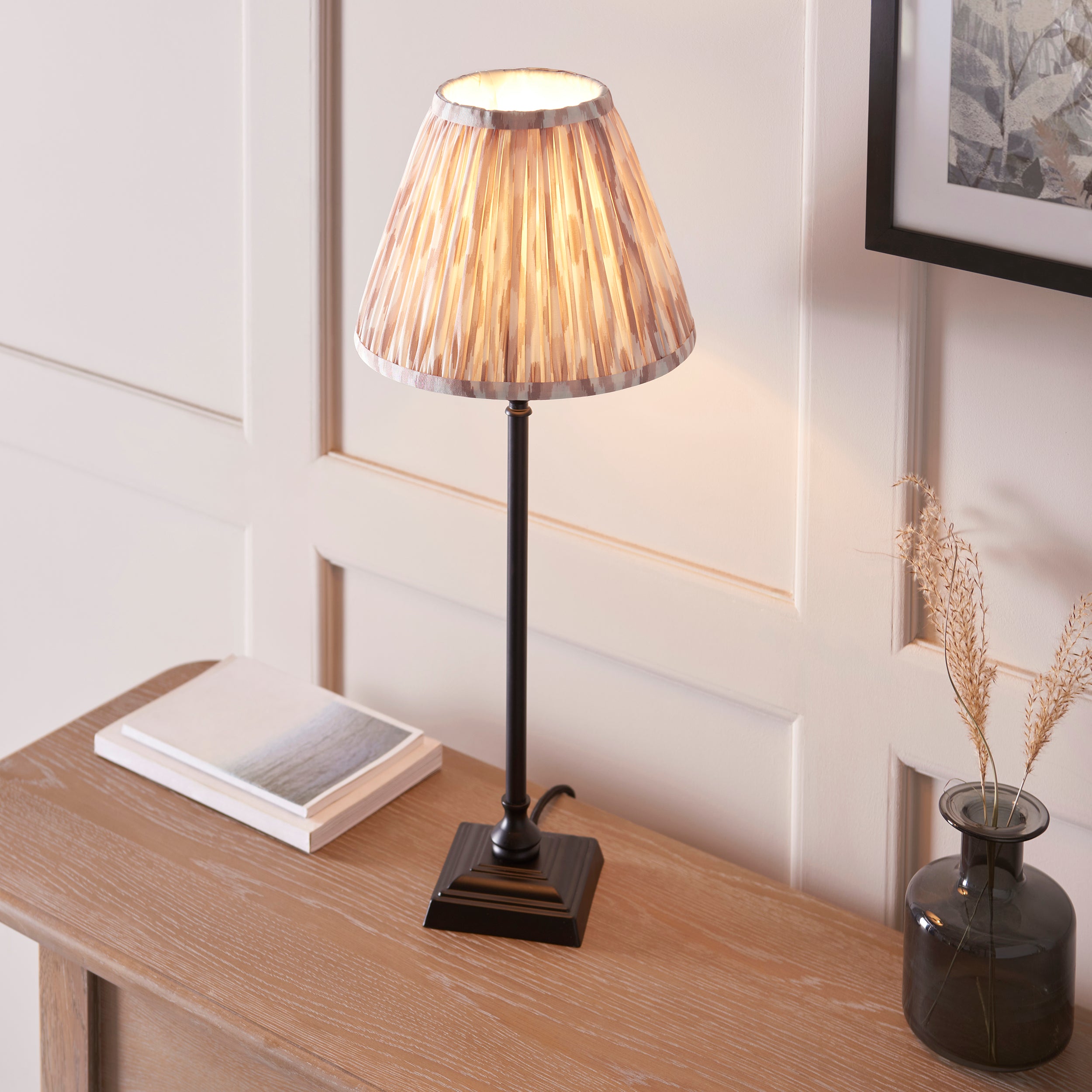 Lille Black Table Lamp & Neutral Ikat 25cm Shade