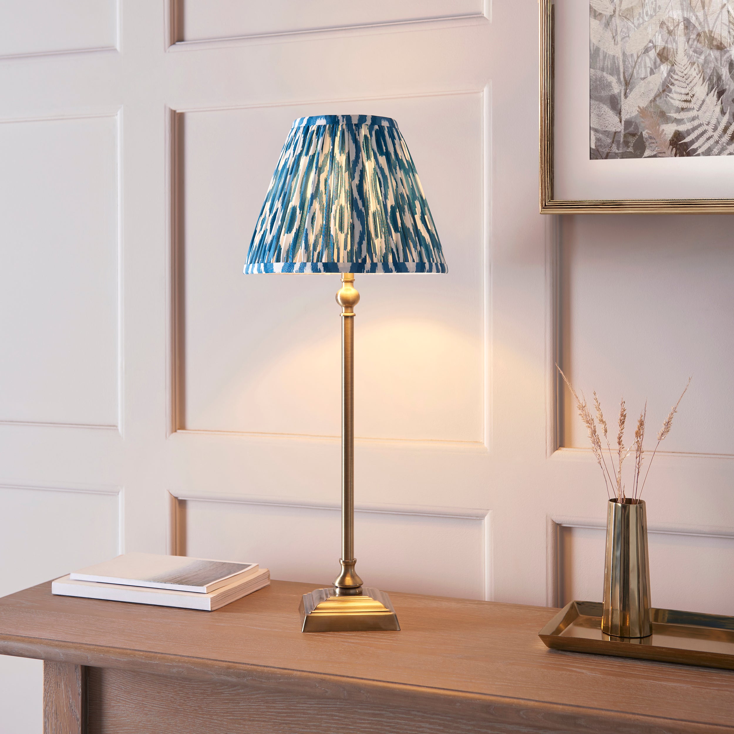 Lille Brass Table Lamp & Blue Ikat 25cm Shade