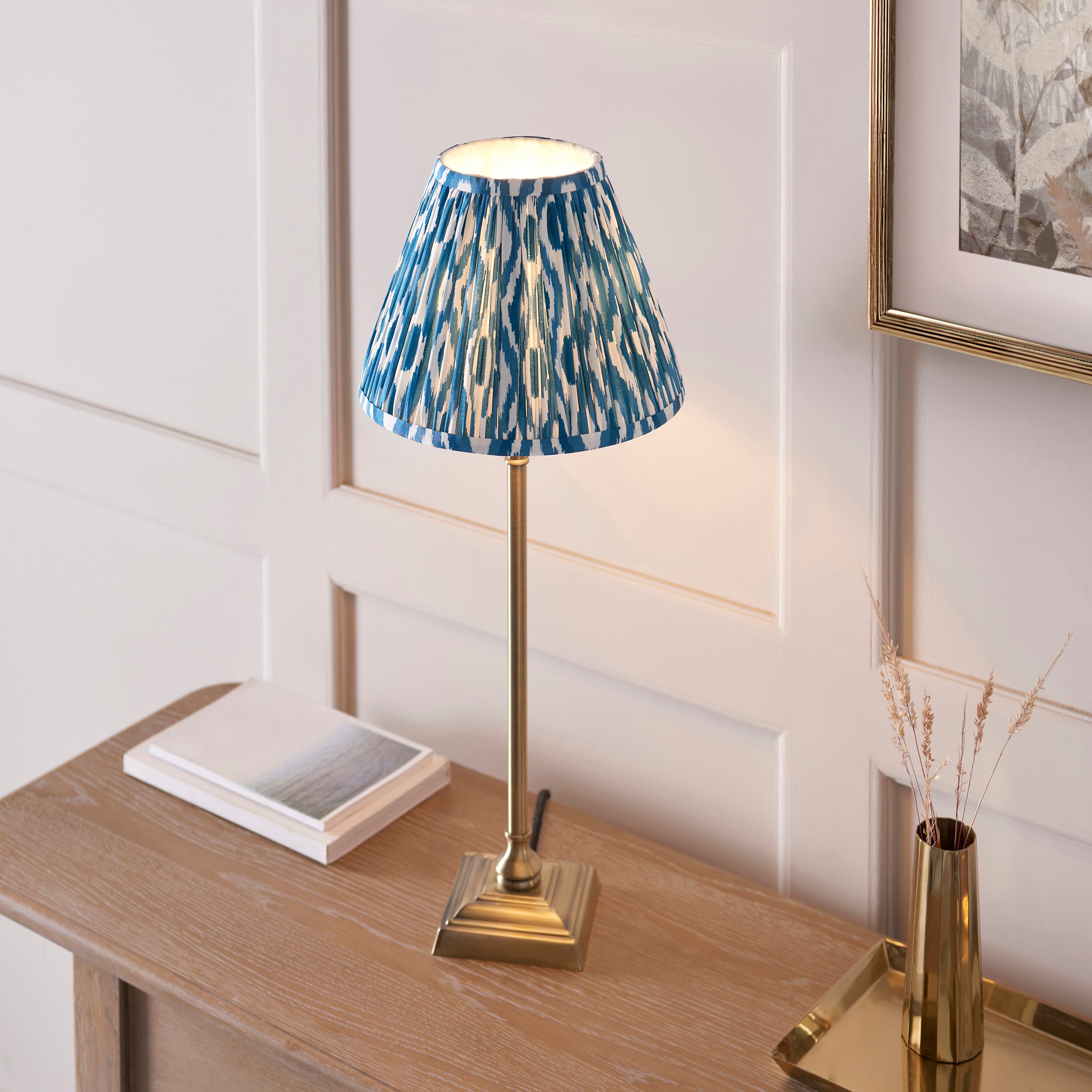 Lille Brass Table Lamp & Blue Ikat 25cm Shade