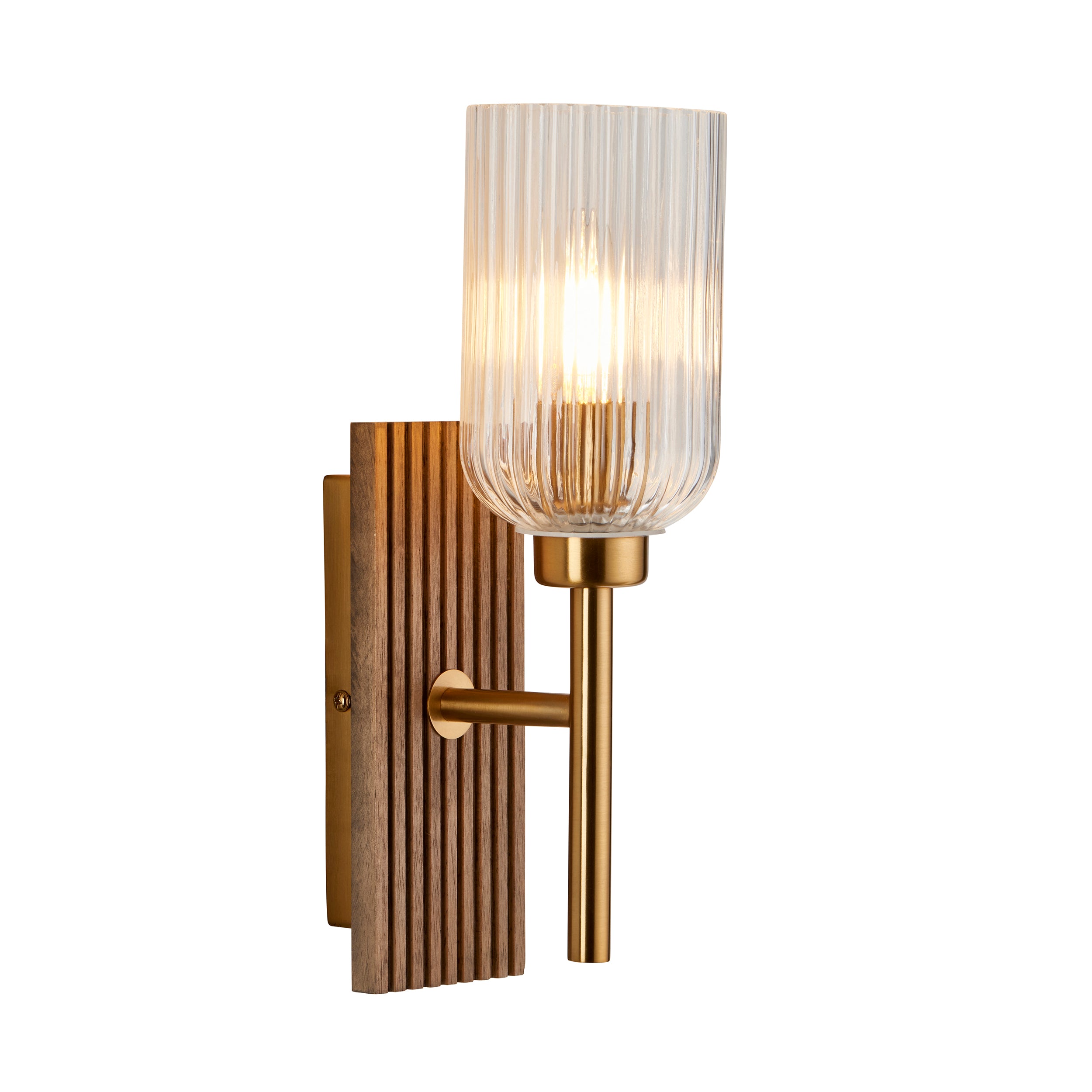 Grove Beechwood & Brass Wall - Ribbed Glass Shade 118365 by Endon Lighting