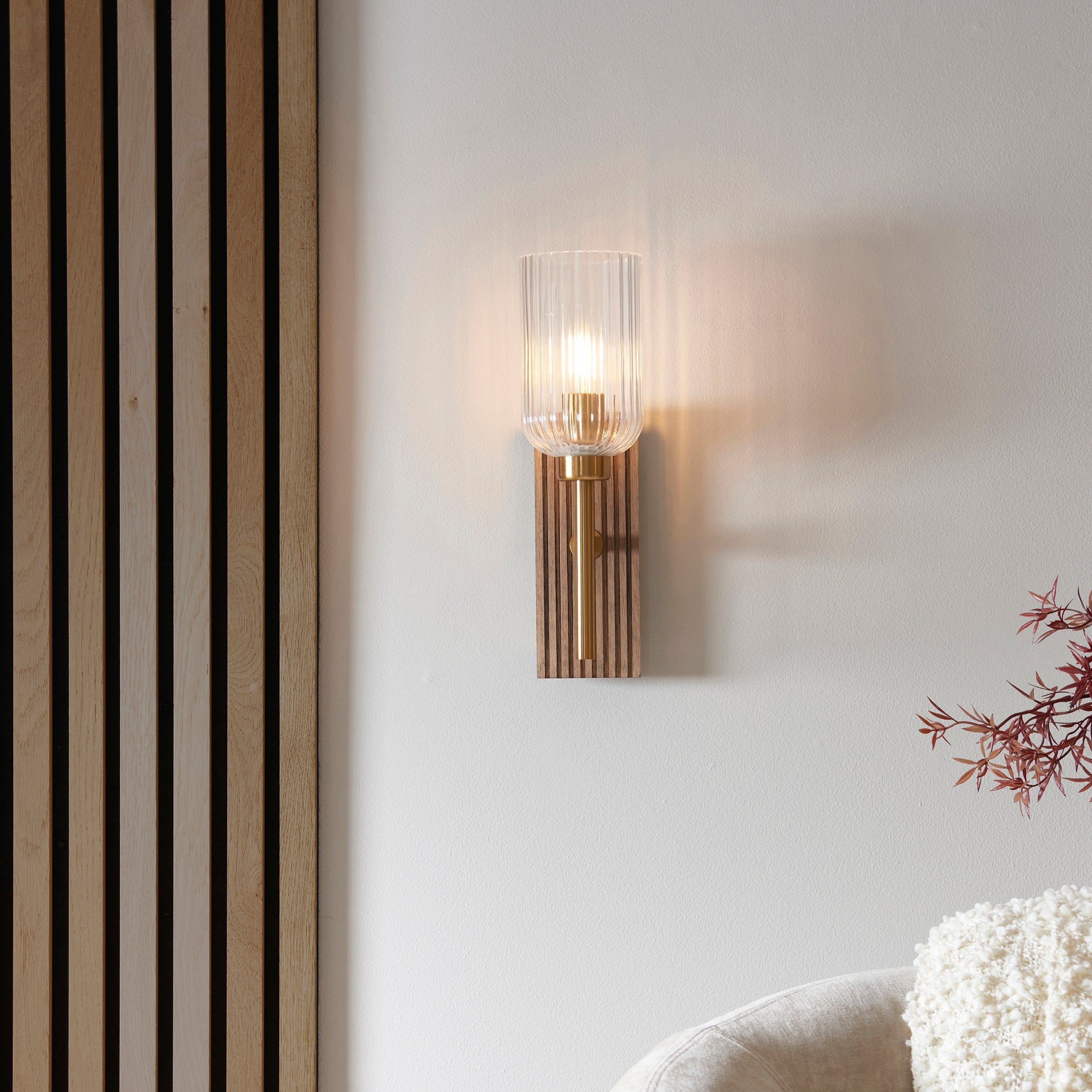 Grove Beechwood & Brass Wall - Ribbed Glass Shade