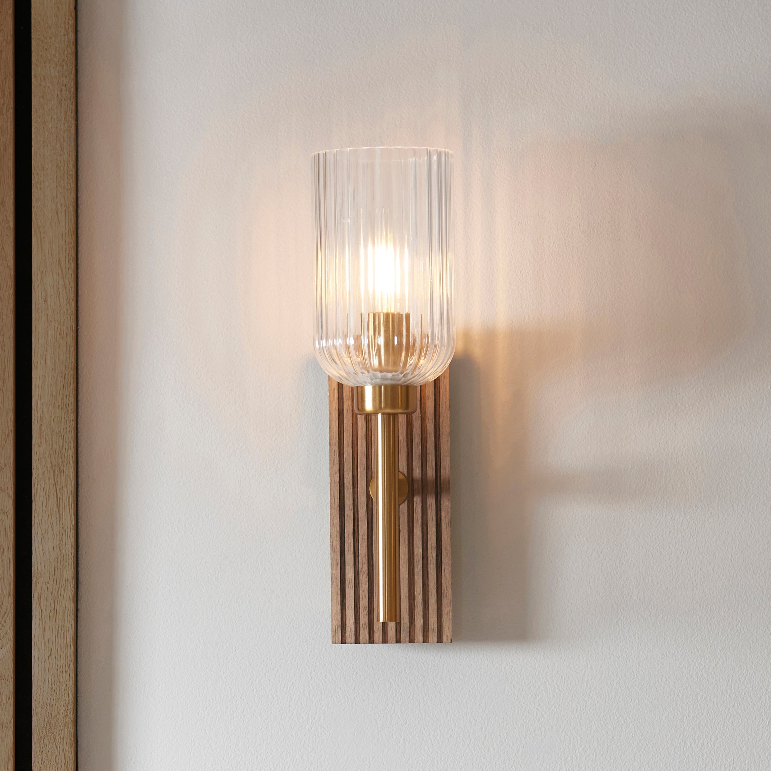 Grove Beechwood & Brass Wall - Ribbed Glass Shade