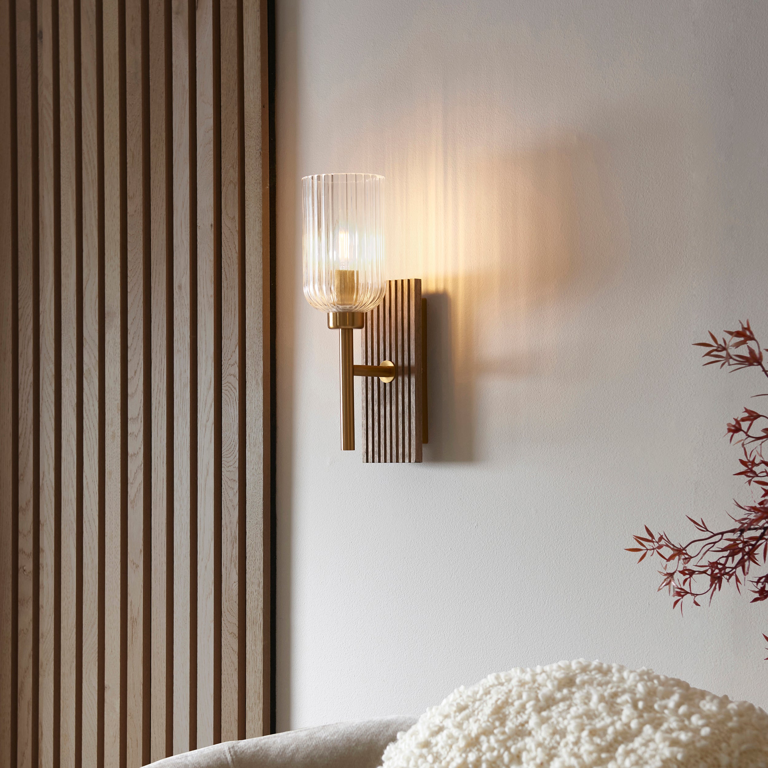Grove Beechwood & Brass Wall - Ribbed Glass Shade