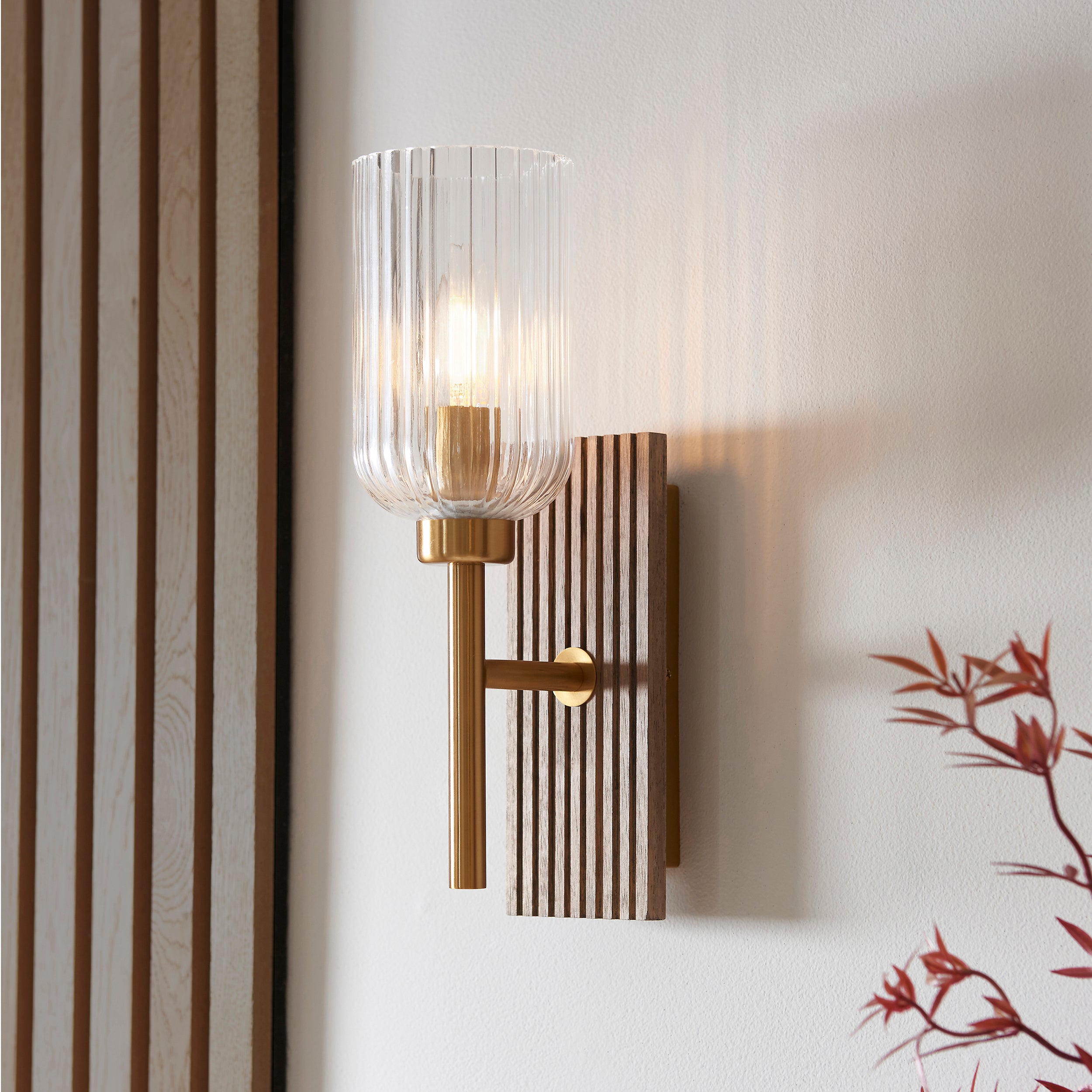 Grove Beechwood & Brass Wall - Ribbed Glass Shade