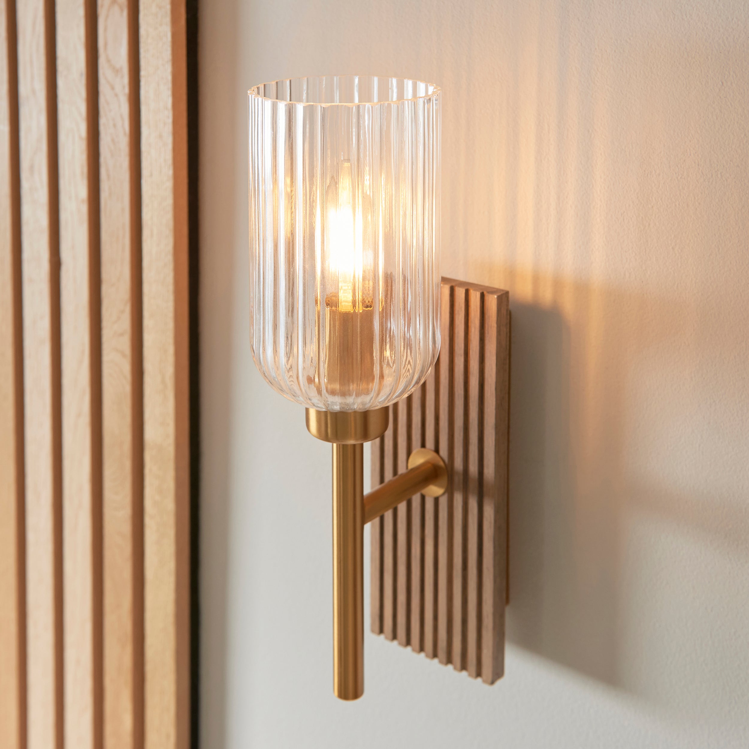 Grove Beechwood & Brass Wall - Ribbed Glass Shade