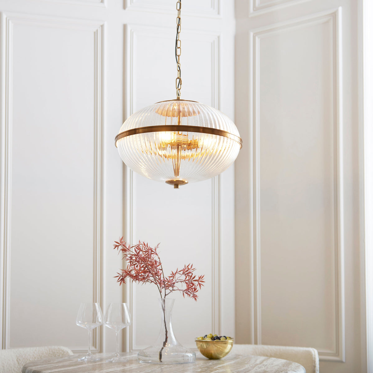 Somerset 3 Light Brass & Ribbed Glass Pendant-warehouse-180926