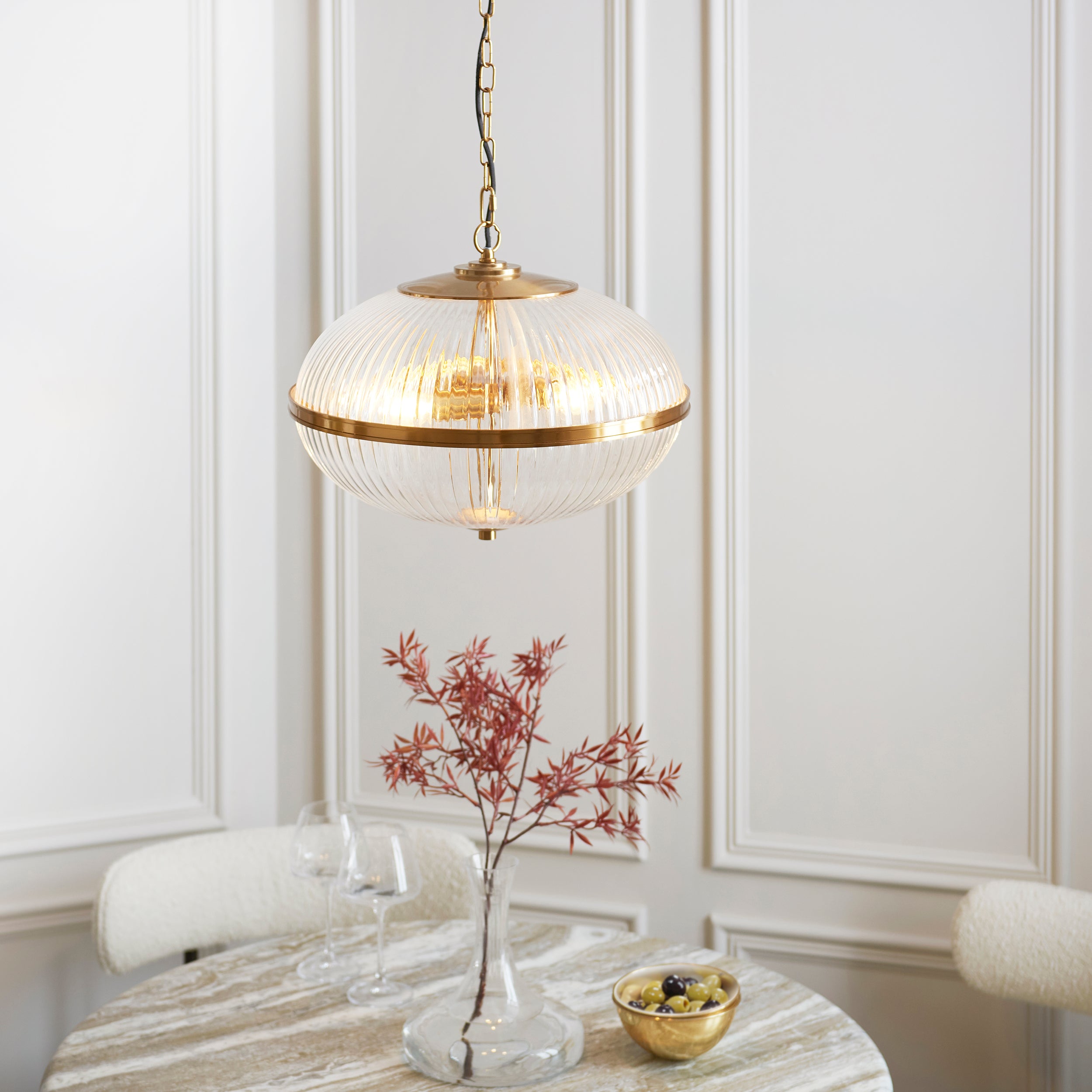 Somerset 3 Light Brass & Ribbed Glass Pendant