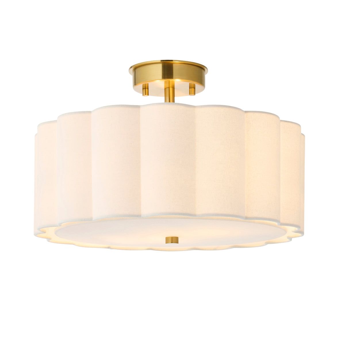 Serene brushed aged brass flush ceiling light with scalloped cream fabric shade and diffuser
