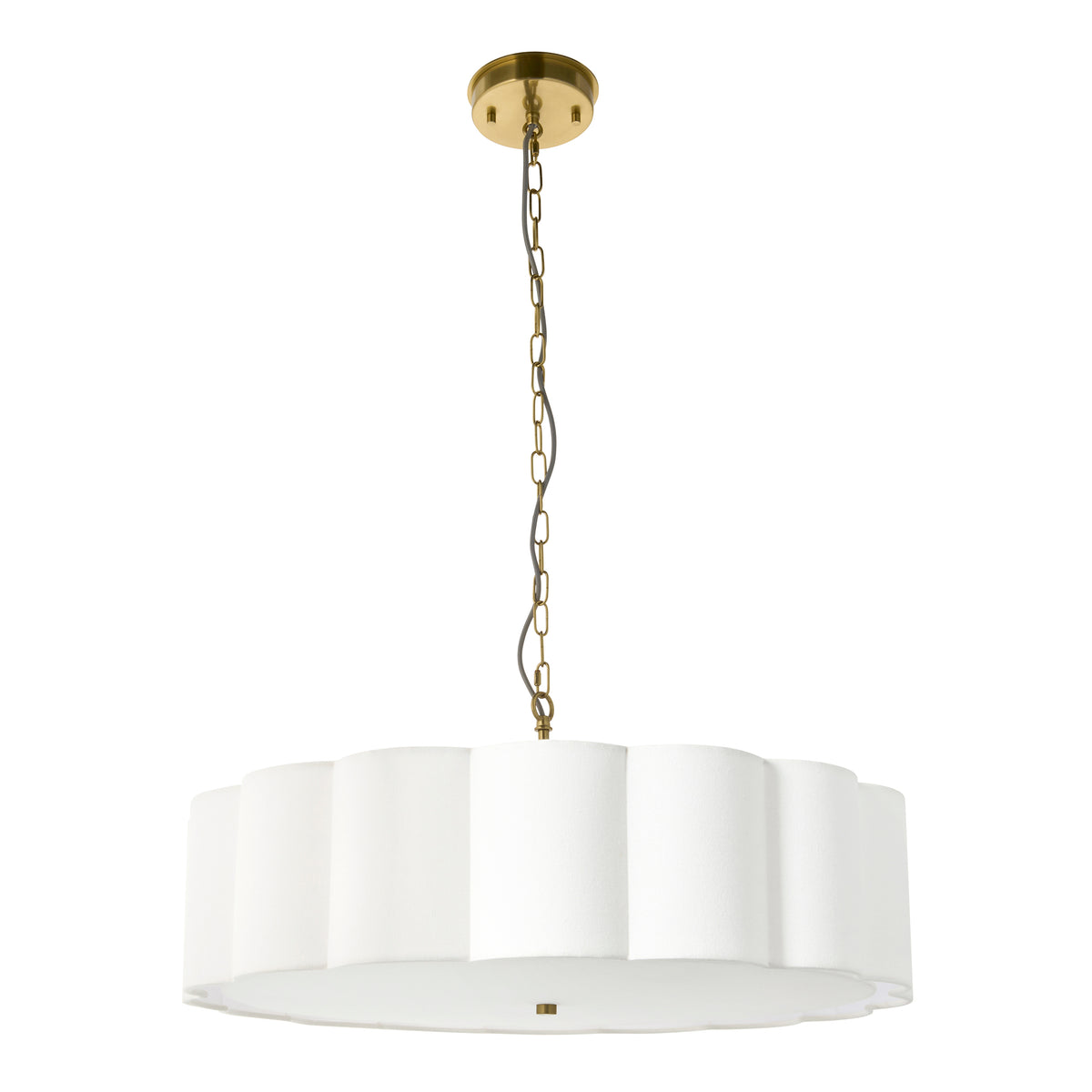 Serene brass chandelier with white scalloped fabric shade and diffuser, product view
