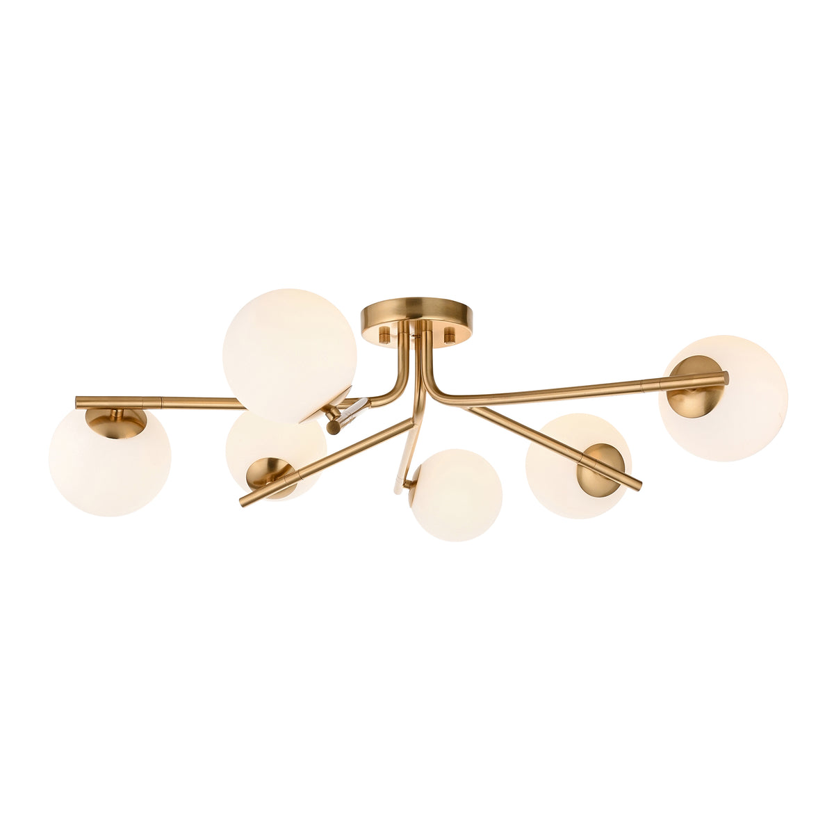 Aaron brushed aged brass semi flush light with six opal glass globes on angled arms