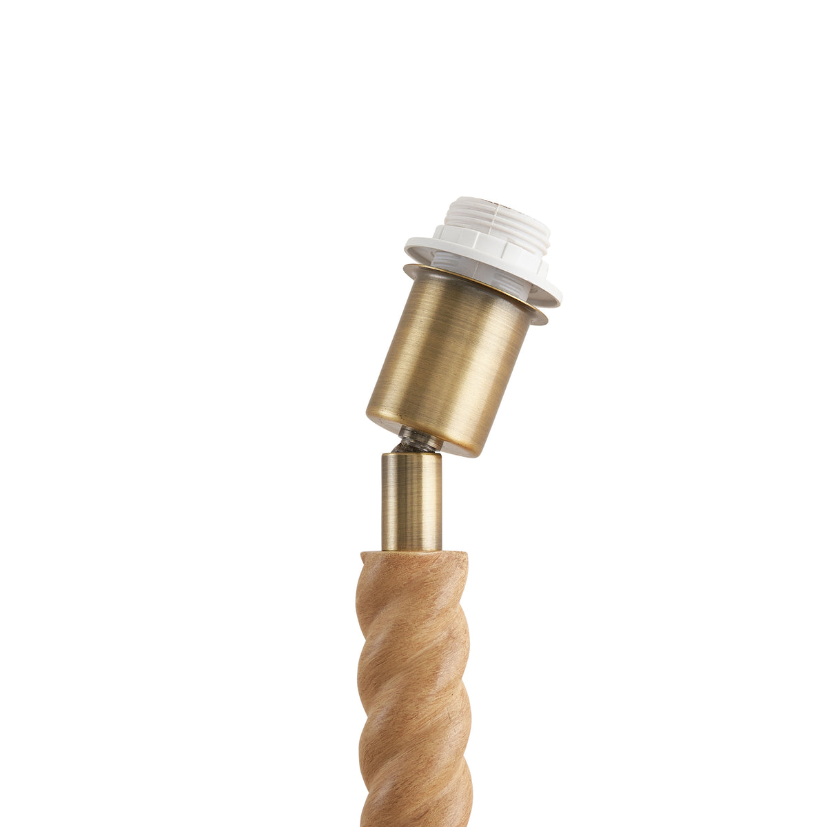 Tilted view of the brass lampholder on the spiral oak effect Twist table lamp base