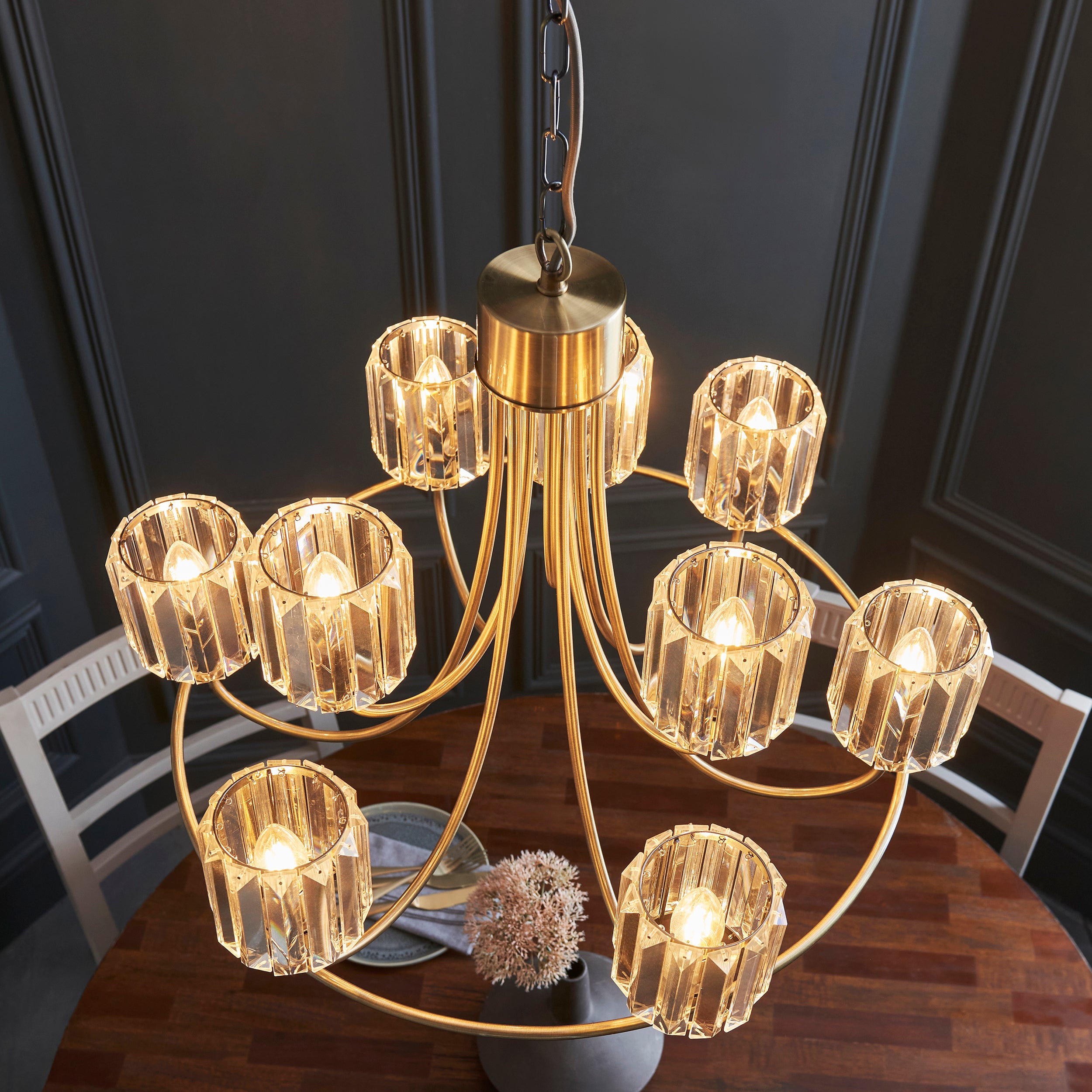 Berenice Brass 9 Light Pendant - Clear Cut Glass Shades