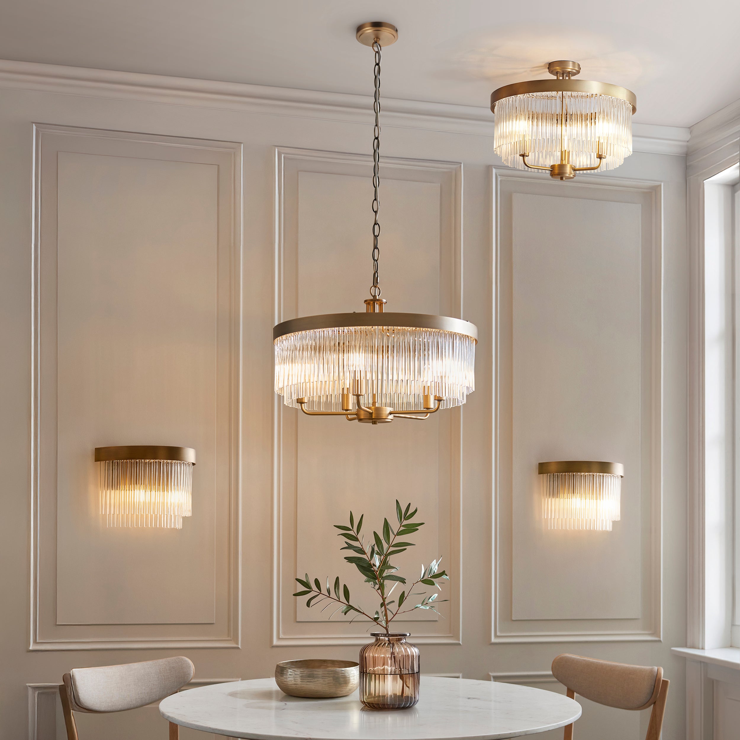 Clermont Antique Brass Wall Light - Clear Glass Rods Shade