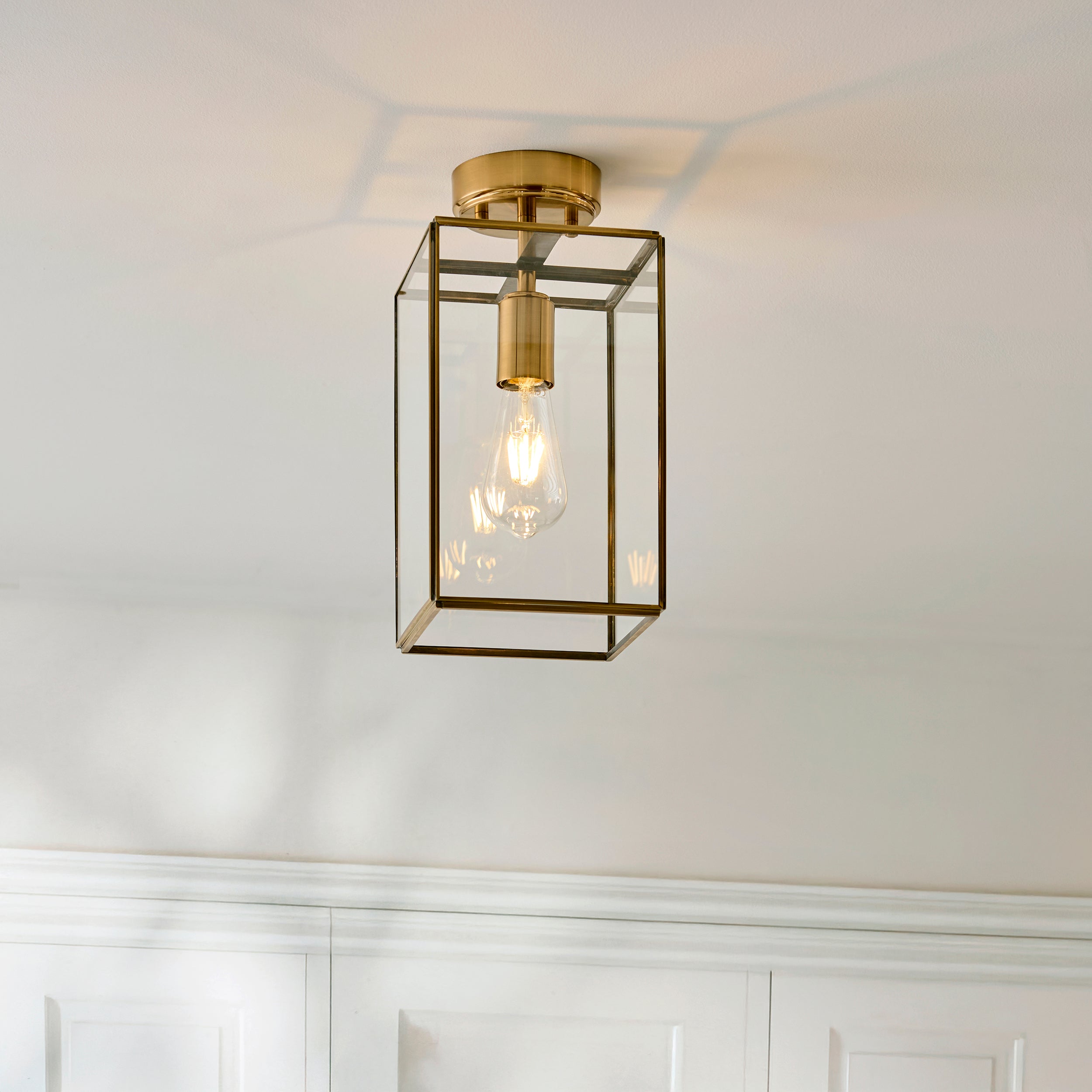 Hammond Brass and Glass Panel Flush Ceiling Light