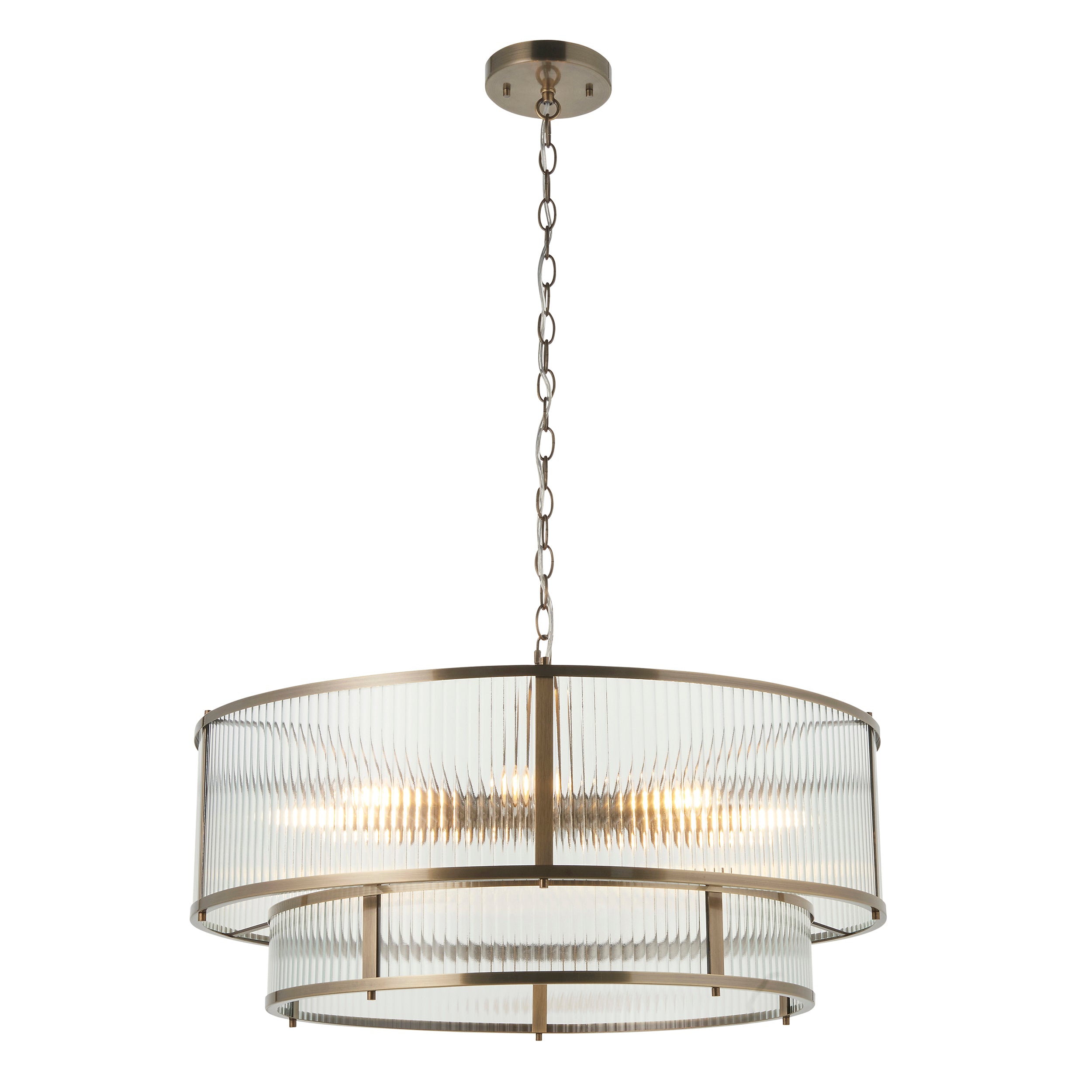 Ridgeton 8 Light Brass & Ribbed Shade Glass Tiered Pendant