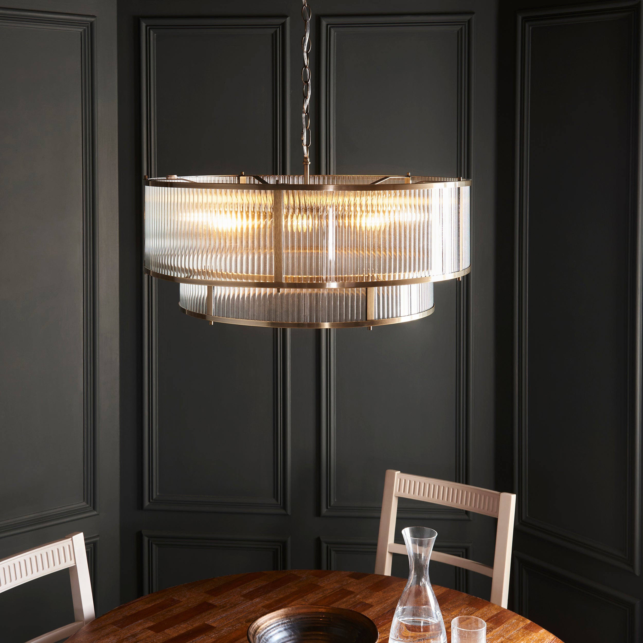 Ridgeton 8 Light Brass & Ribbed Shade Glass Tiered Pendant-OPEN-BOX-BSL-200826