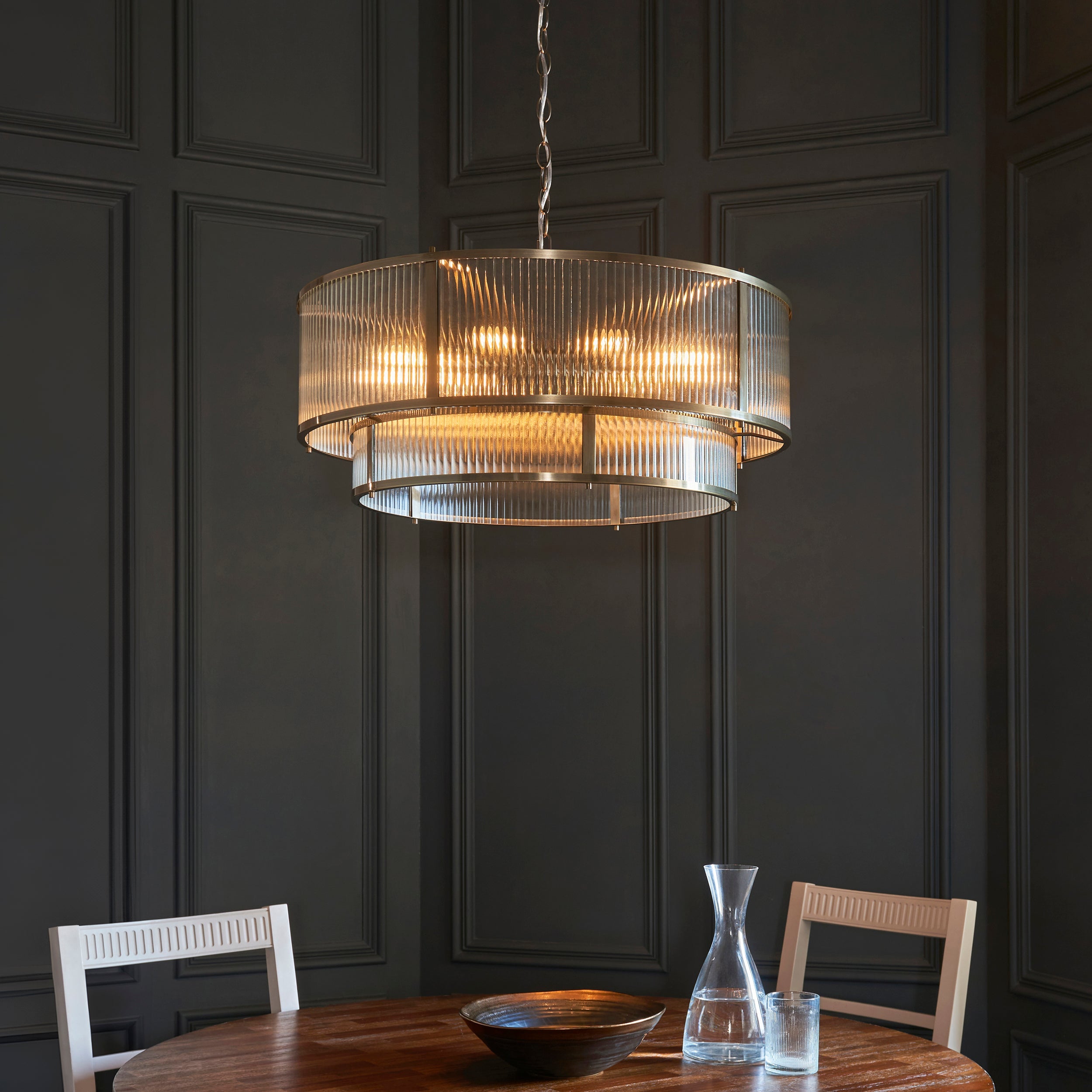 Ridgeton 8 Light Brass & Ribbed Shade Glass Tiered Pendant-OPEN-BOX-BSL-200826