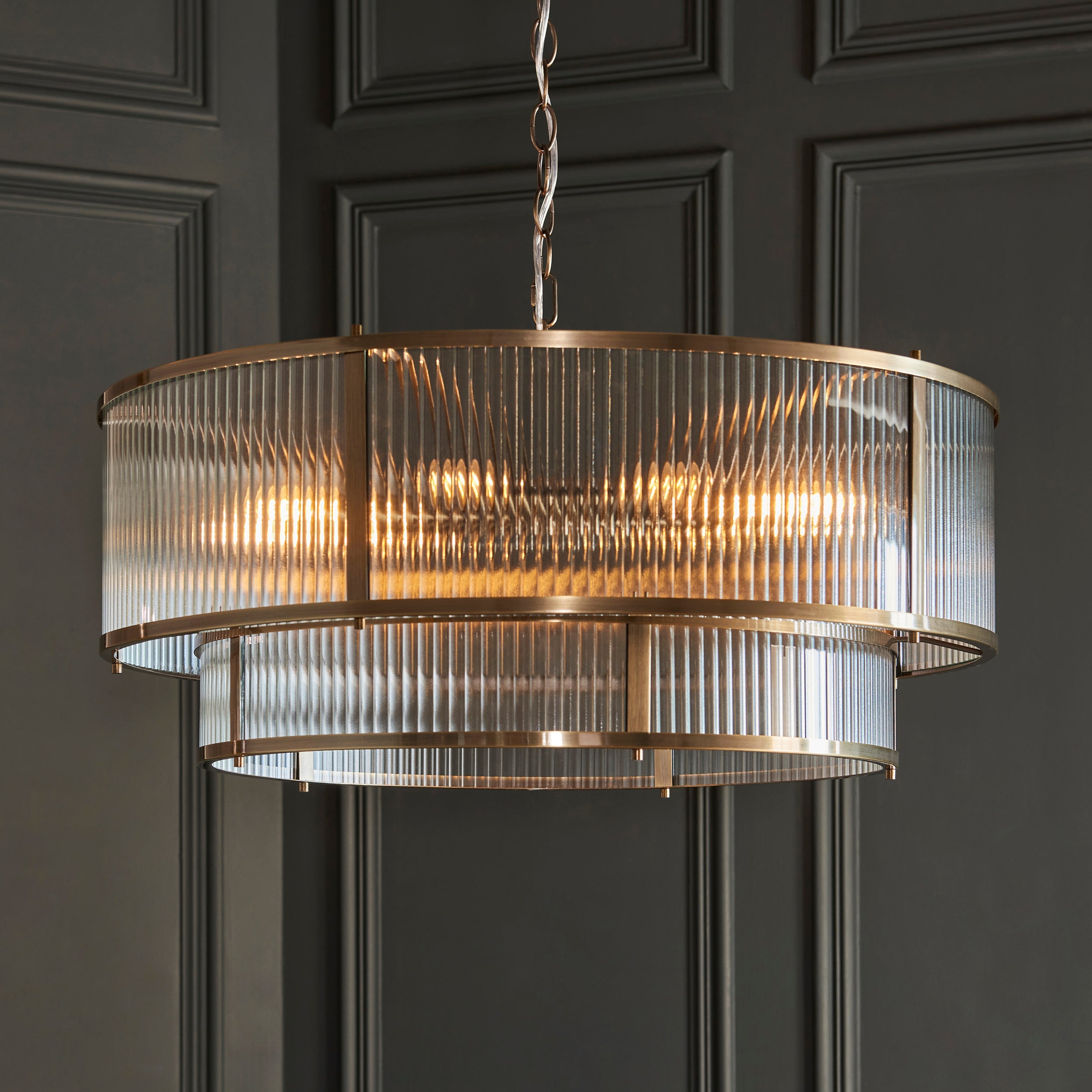 Ridgeton 8 Light Brass & Ribbed Shade Glass Tiered Pendant-OPEN-BOX-BSL-200826