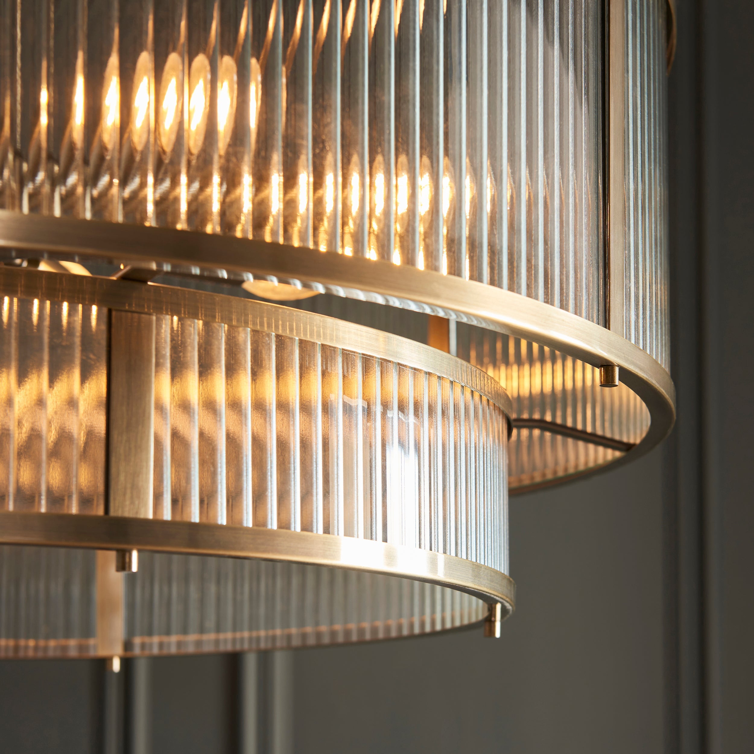 Ridgeton 8 Light Brass & Ribbed Shade Glass Tiered Pendant-OPEN-BOX-BSL-200826