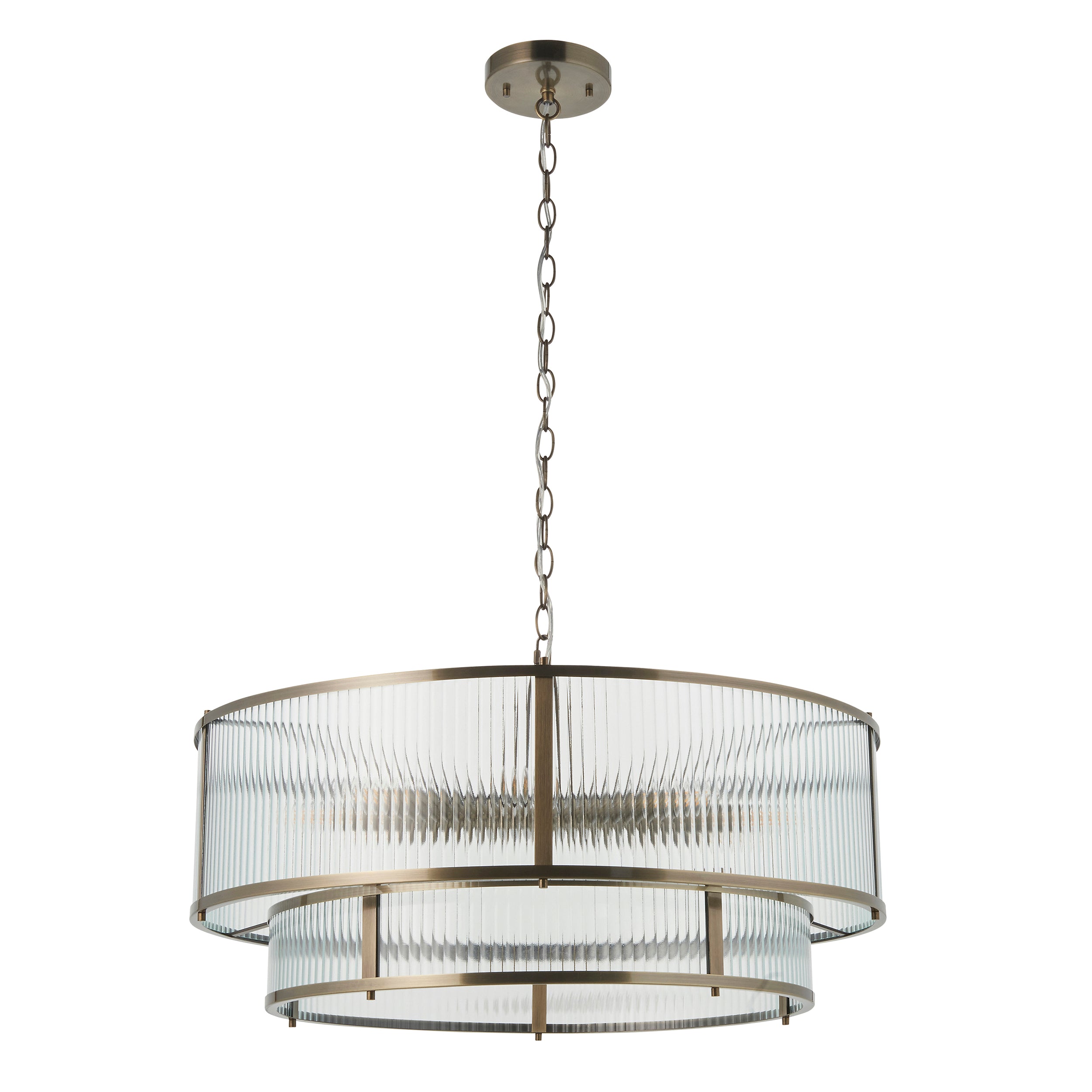 Ridgeton 8 Light Brass & Ribbed Shade Glass Tiered Pendant