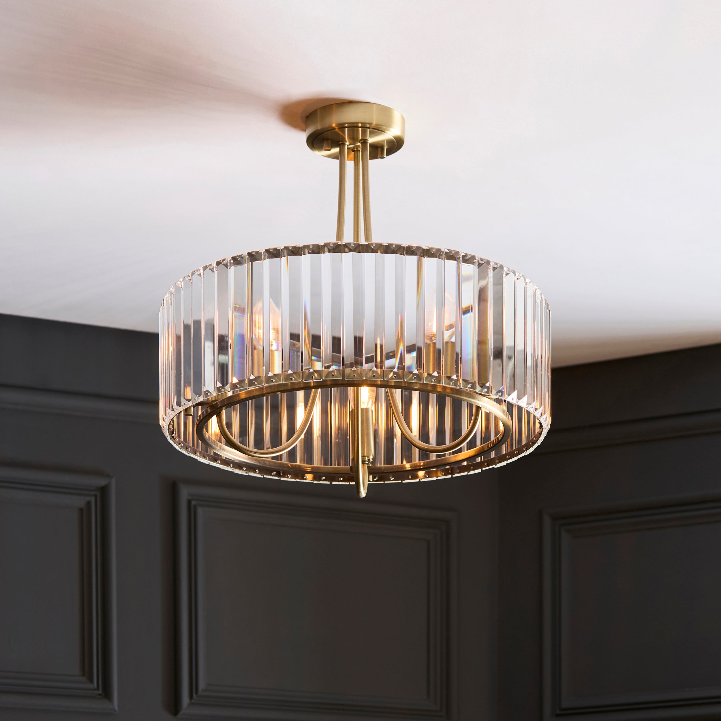 Visconti 3 Light Brass & Clear Cut Glass Semi Flush