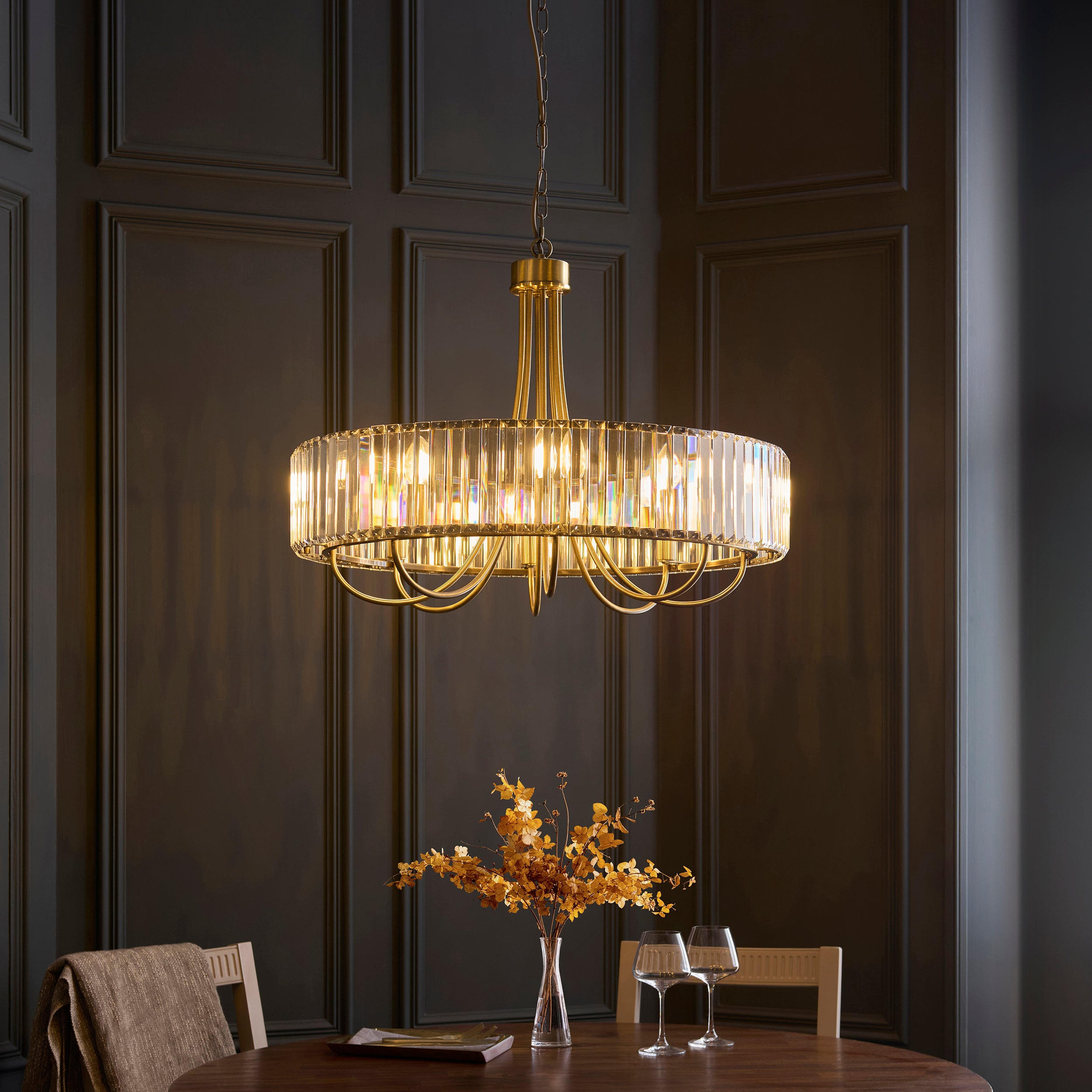 Visconti Round 8 Light Brass & Clear Cut Glass Pendant