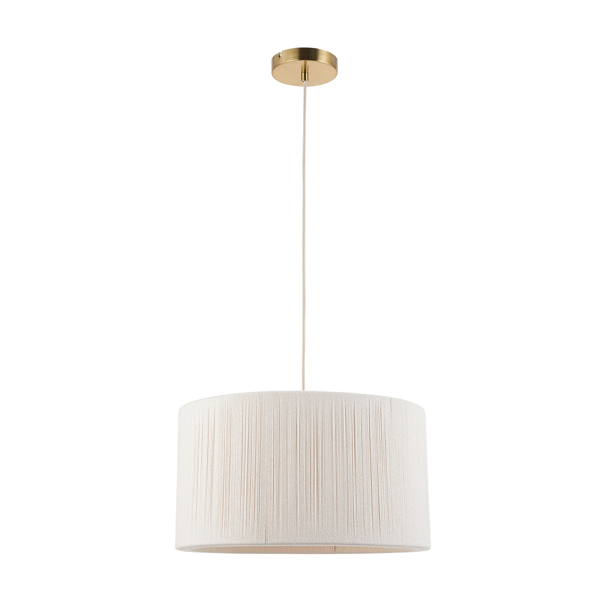 Noah pendant light with cream wrapped drum shade viewed straight on