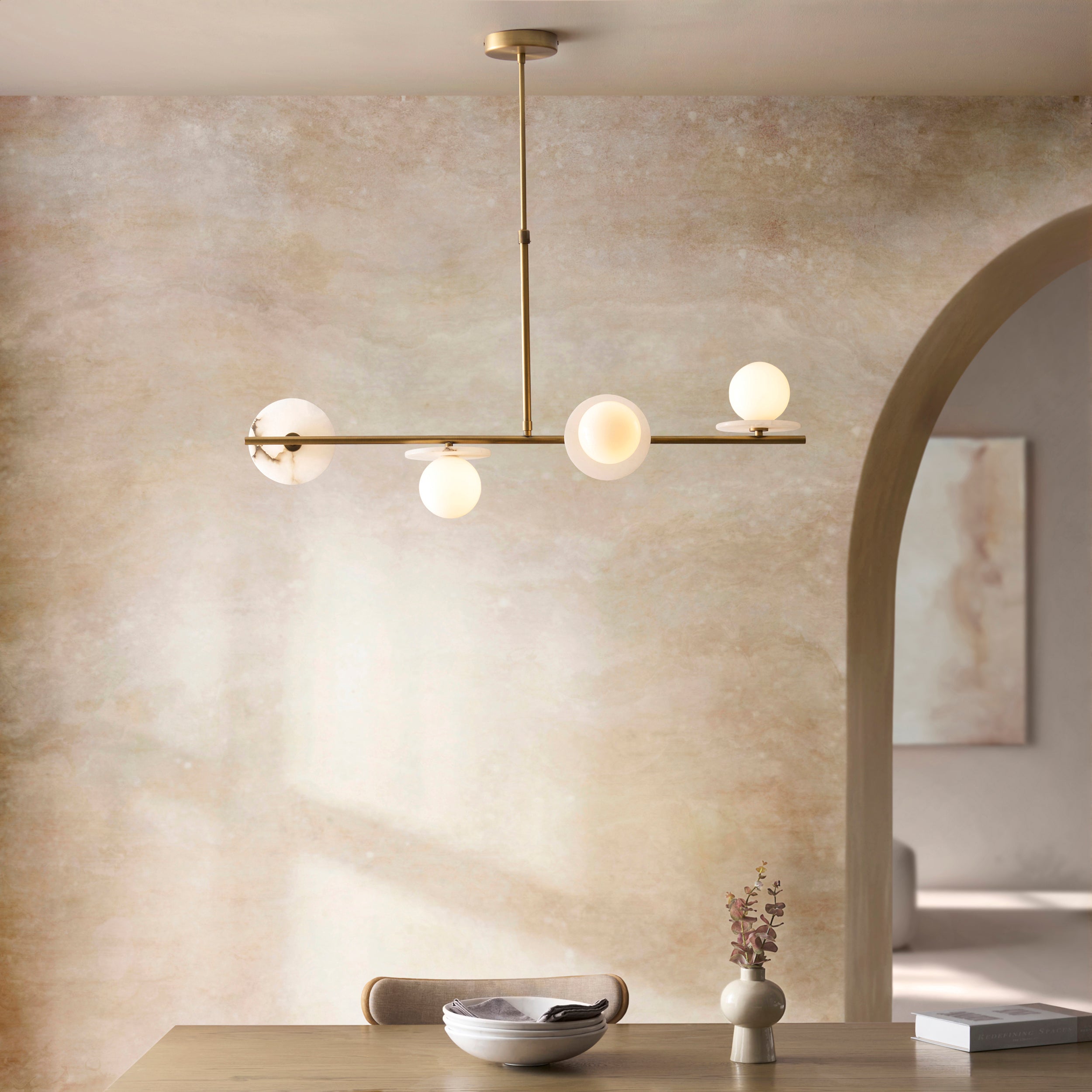Cerchio 4 Light Brass and Opal Glass Linear Pendant