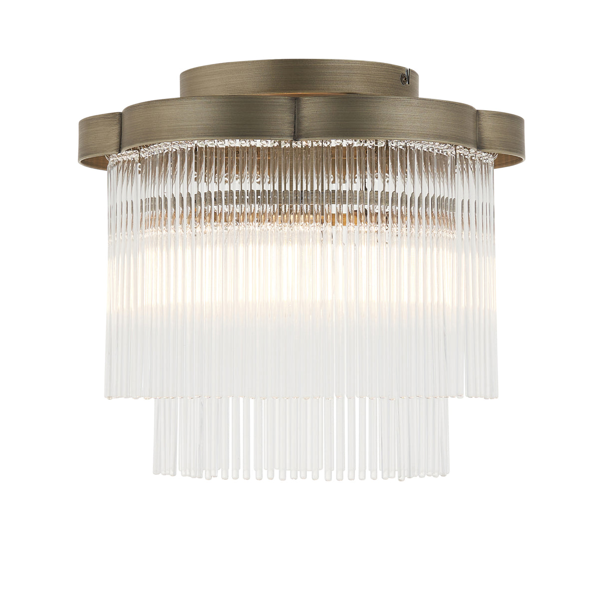Lucille antique brass flush ceiling light with two tiers of clear glass rods on a scalloped brass frame