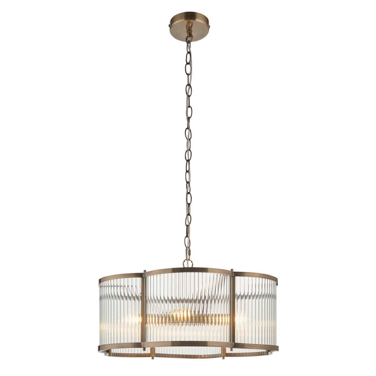 Ridgeton Scallop antique brass chandelier with ribbed glass panels suspended from a chain