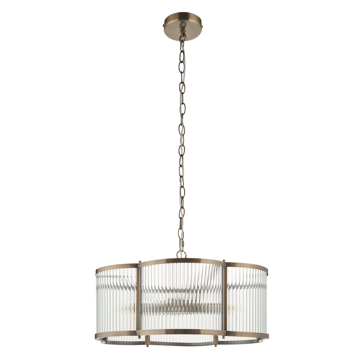 Ridgeton Scallop chandelier in antique brass with ribbed glass panels, unlit studio view