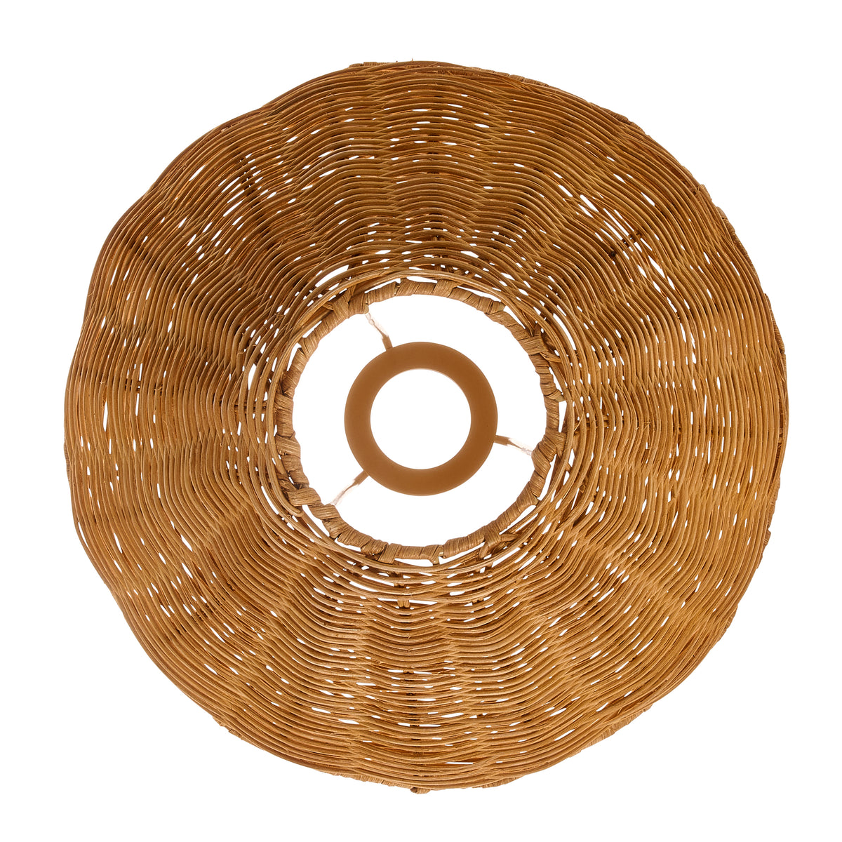Top view of the dark rattan tapered shade with its gimbal fitting and woven base