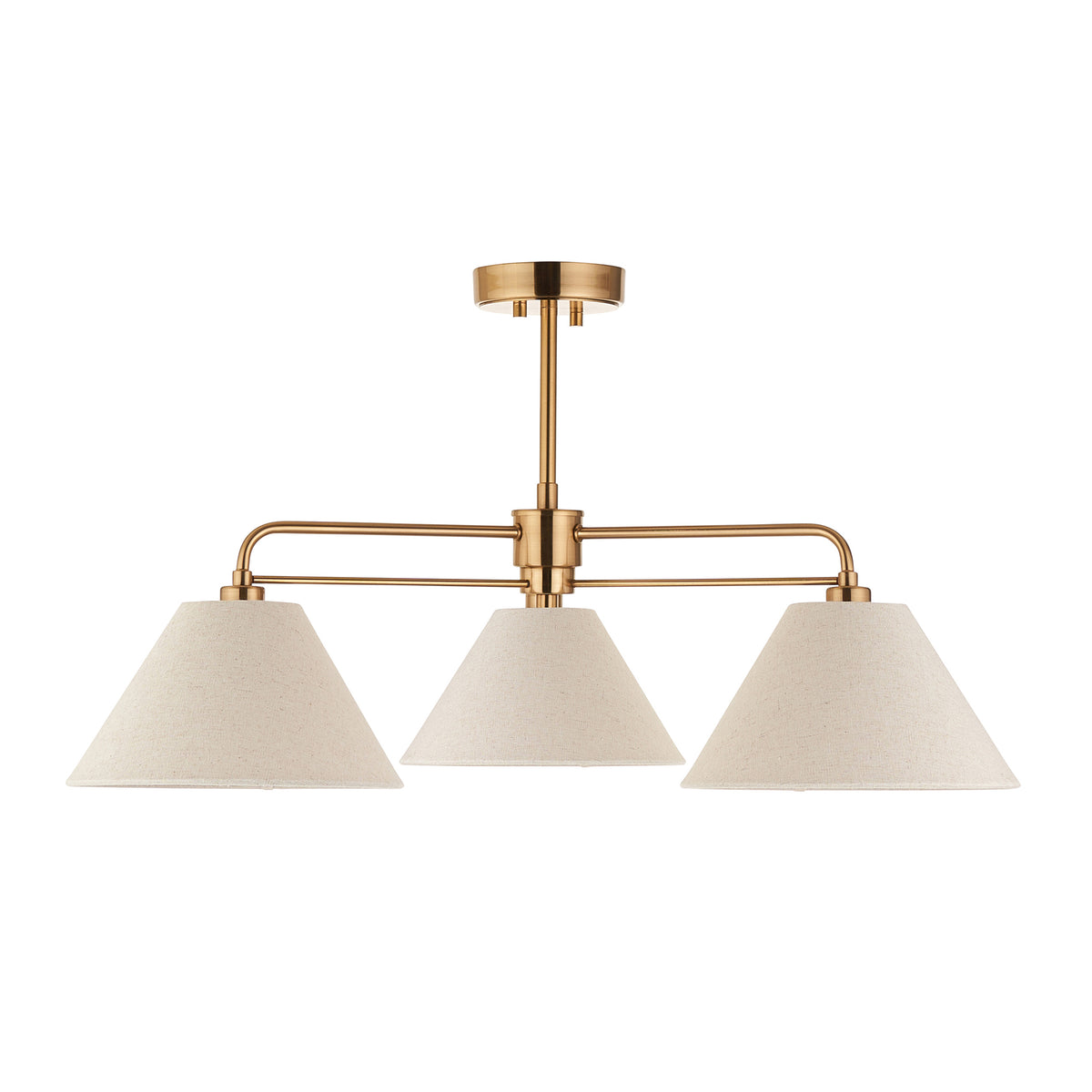 Wallbridge aged brass semi flush ceiling light with three linen coolie shades on white background