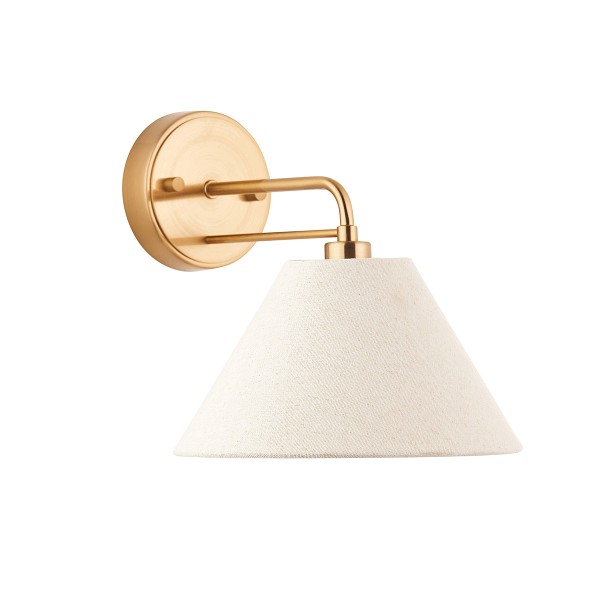 Wallbridge brushed aged brass wall light with linen shade, shown from the side