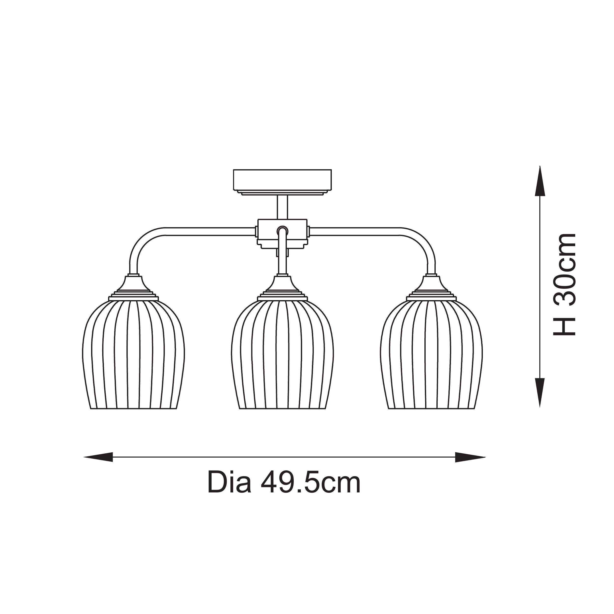 Ashcroft Brass 3 Light Brass Semi-Flush - Ribbed Glass Shades