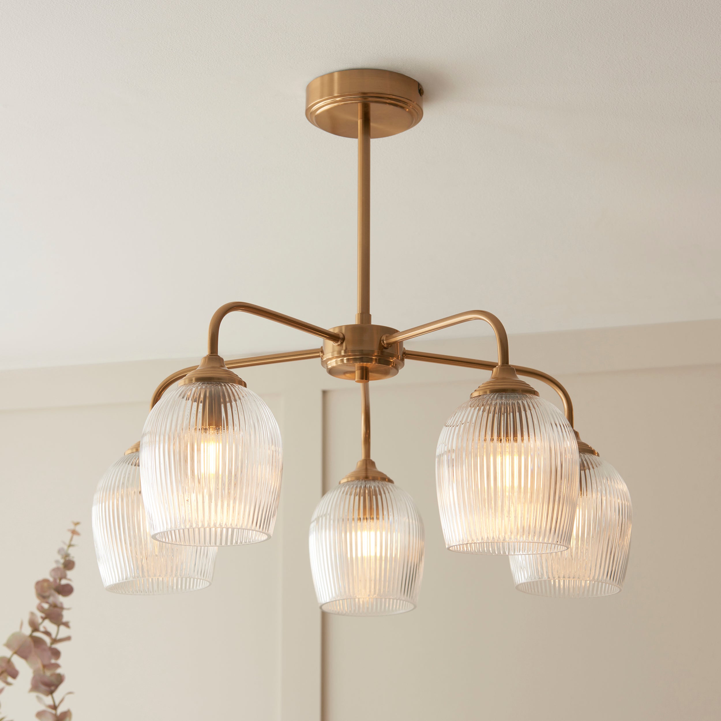Ashcroft Ribbed 5 Light Glass Shaded Brass Pendant