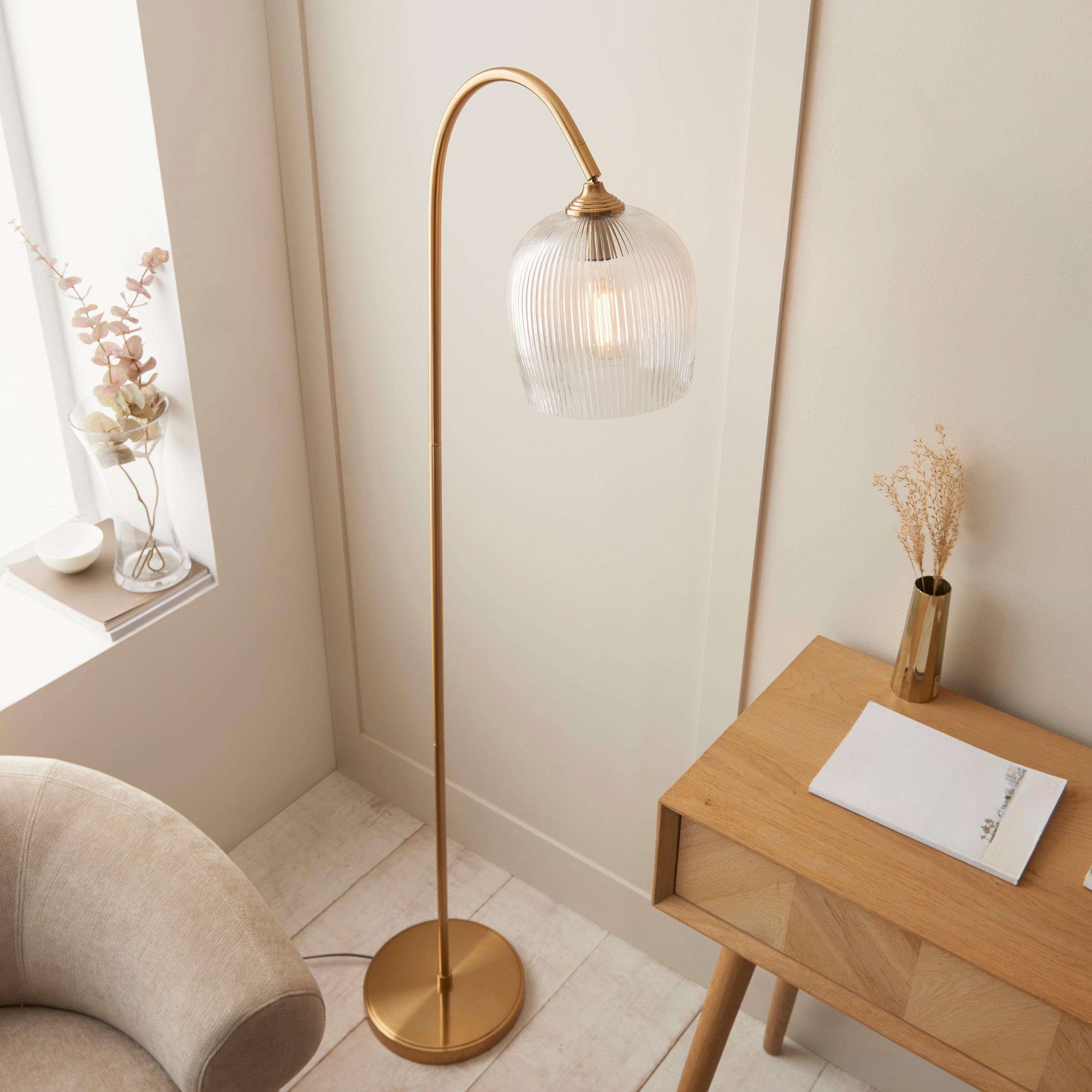 Ashcroft Ribbed Glass Shade & Brass Floor Lamp