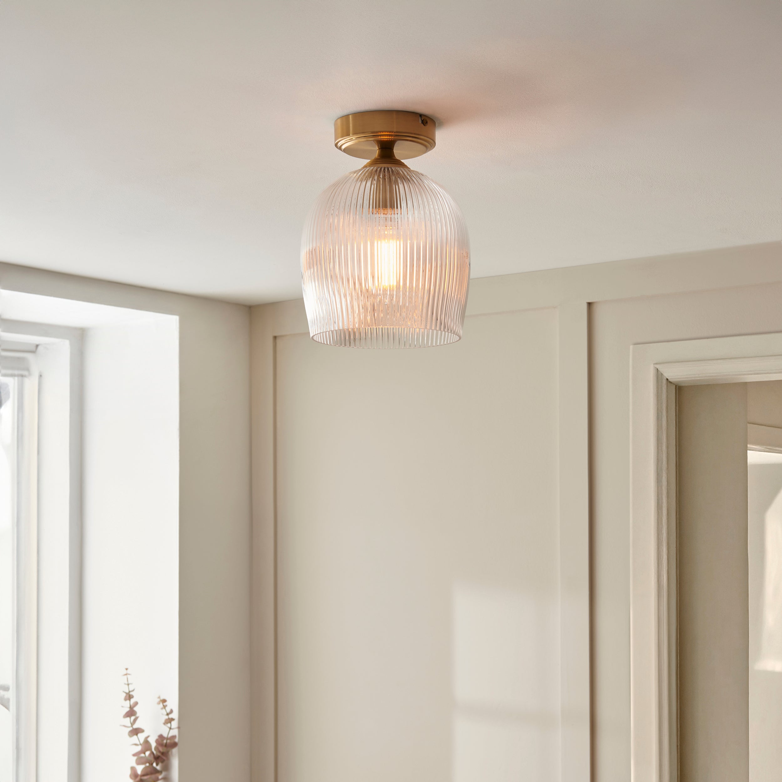 Ashcroft Ribbed Glass Shade & Brass Flush