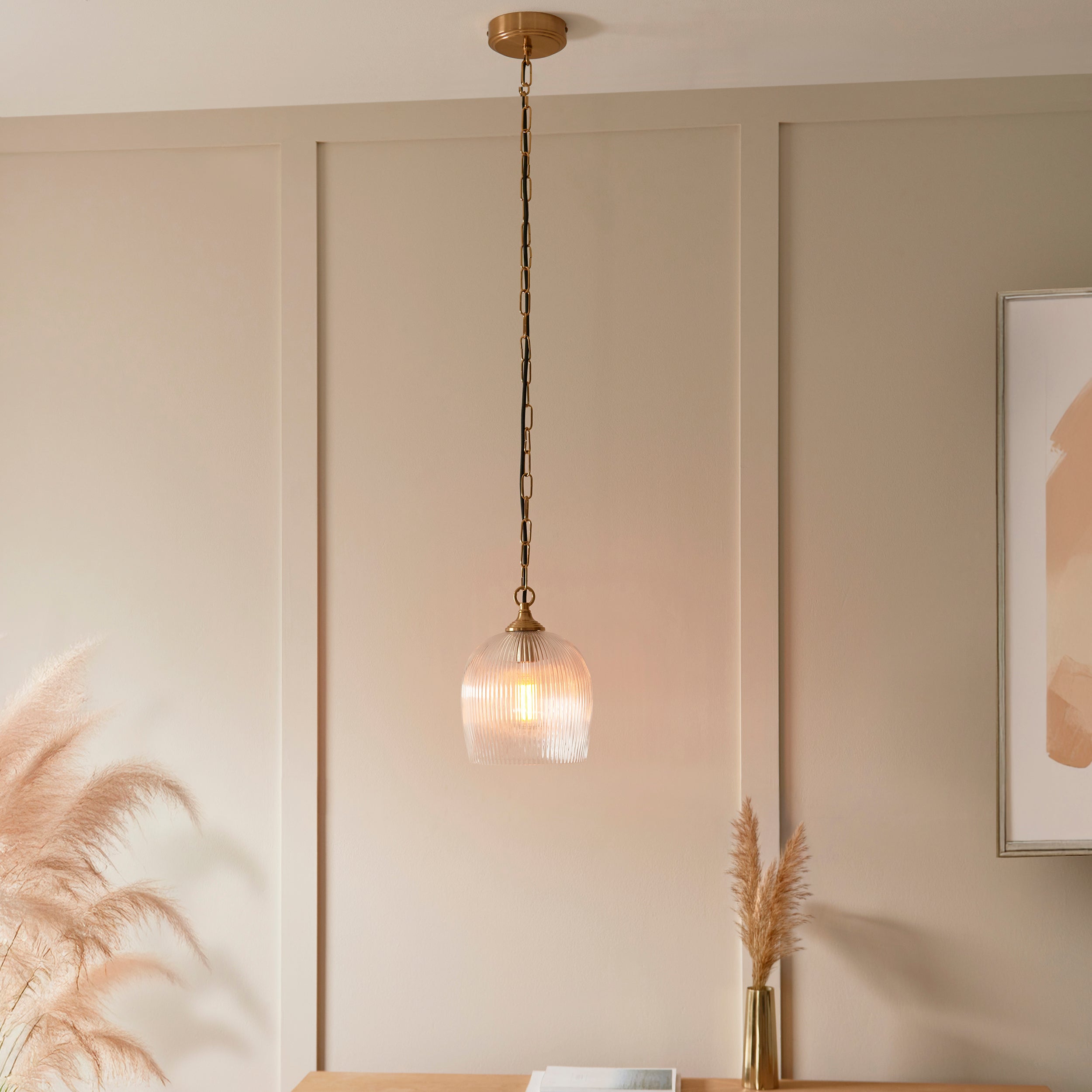 Ashcroft Ribbed Glass Shade Brass Pendant