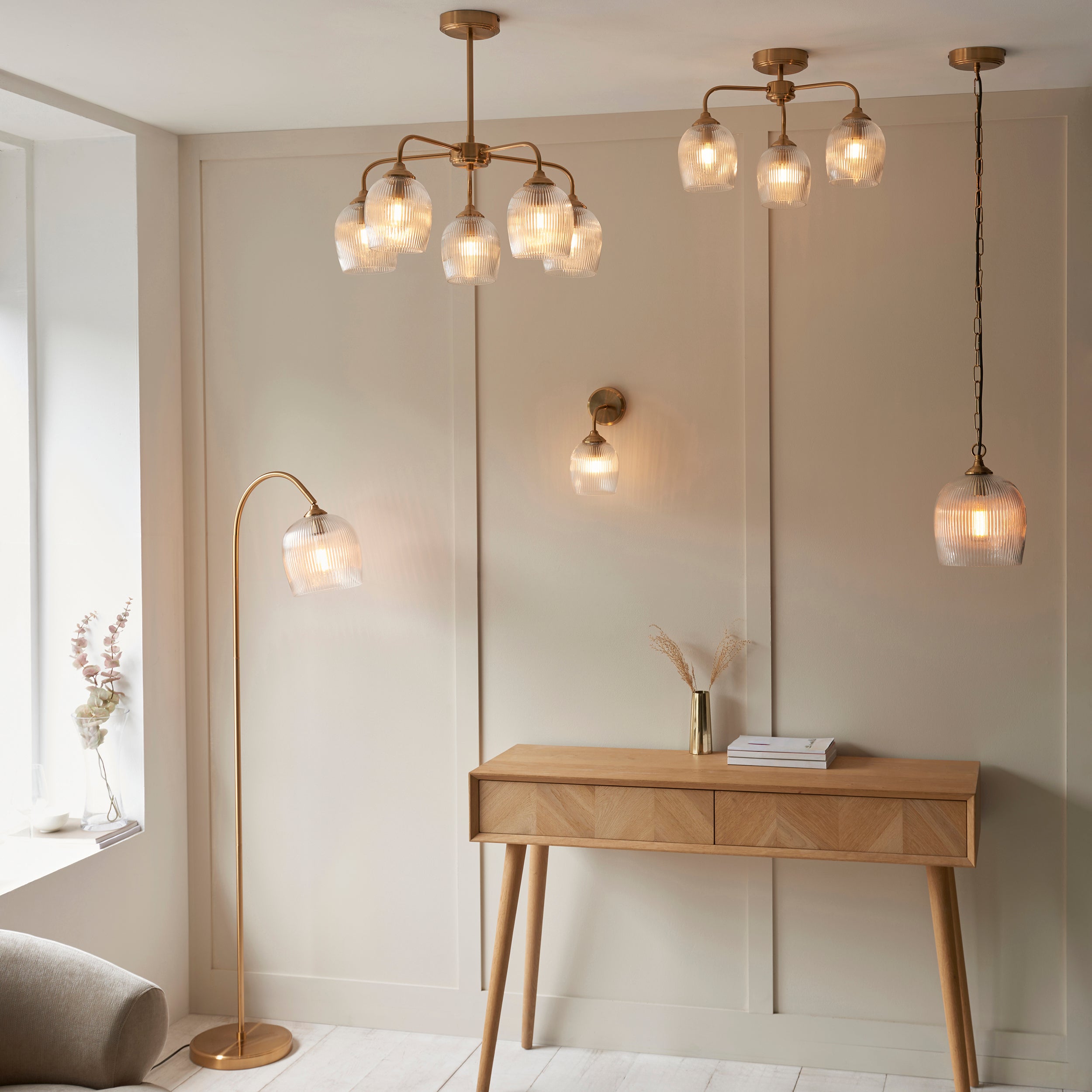 Ashcroft Ribbed Glass Shade Brass Pendant