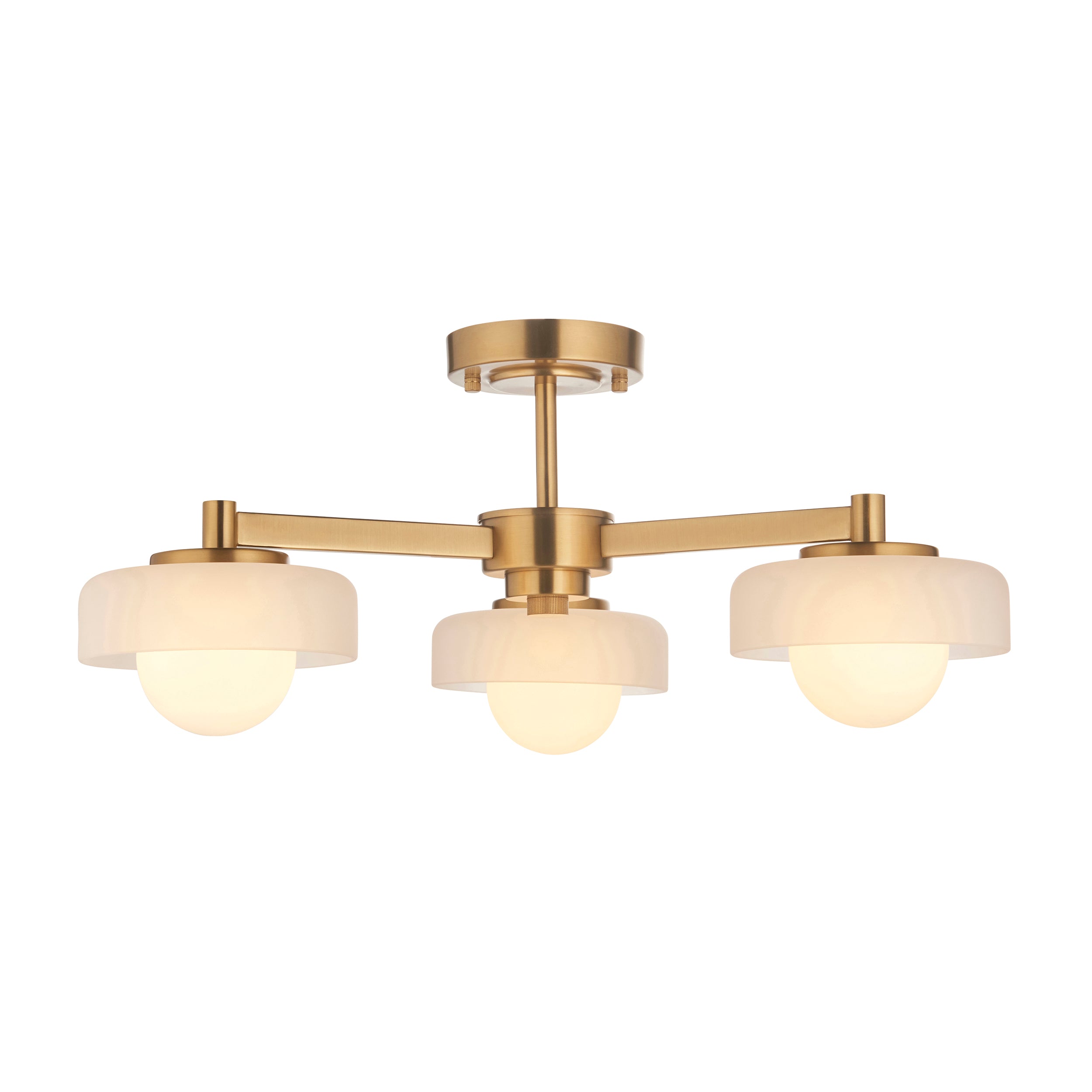 Boss 3 Light Brass Pendant With Opal Glass Shades