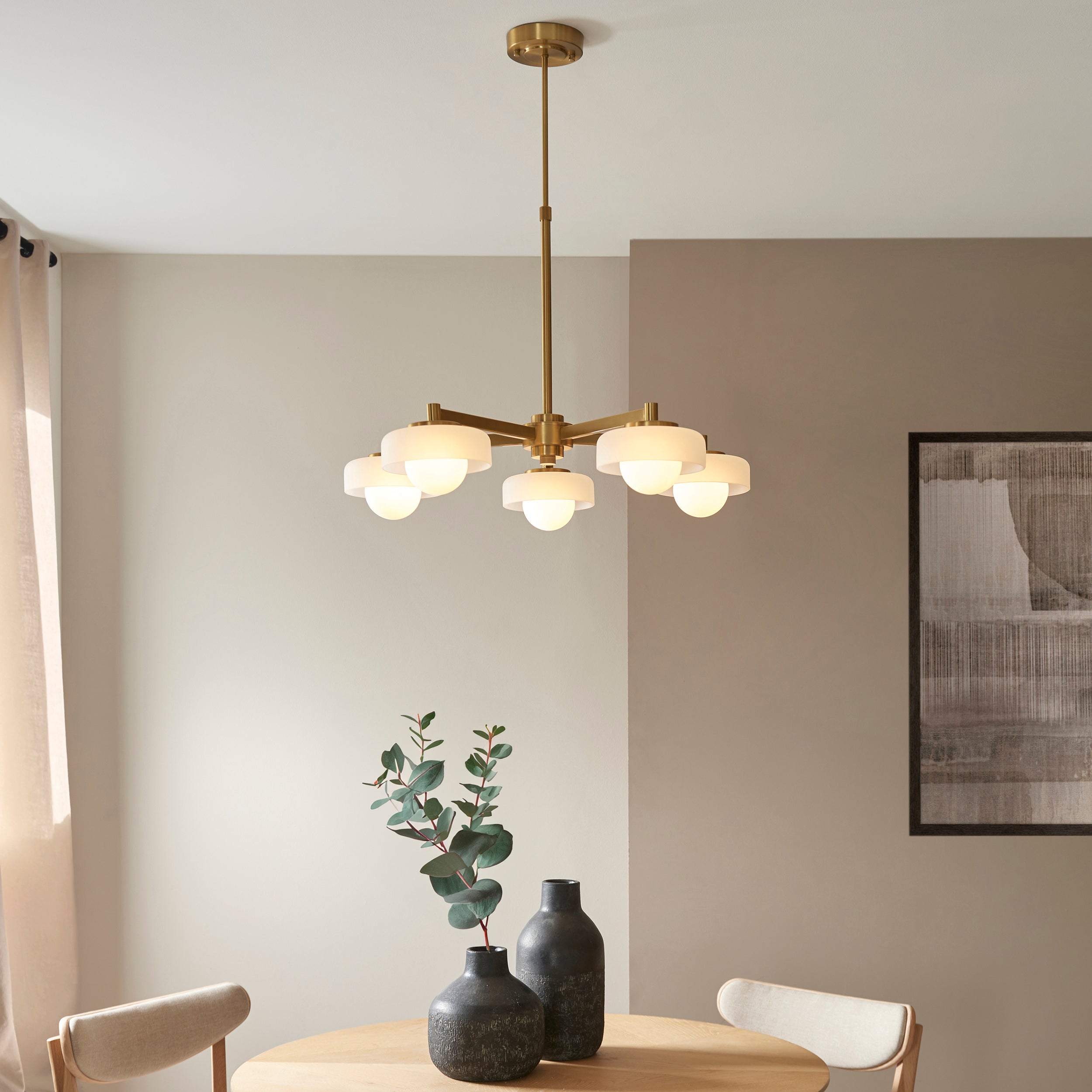 Boss 5 Light Brass Pendant With Opal Glass Shades