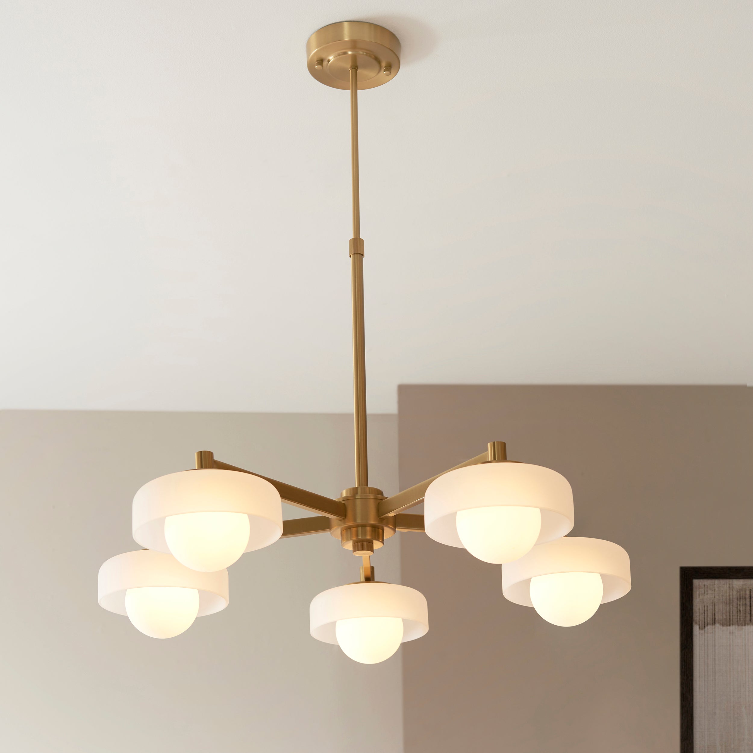 Boss 5 Light Brass Pendant With Opal Glass Shades