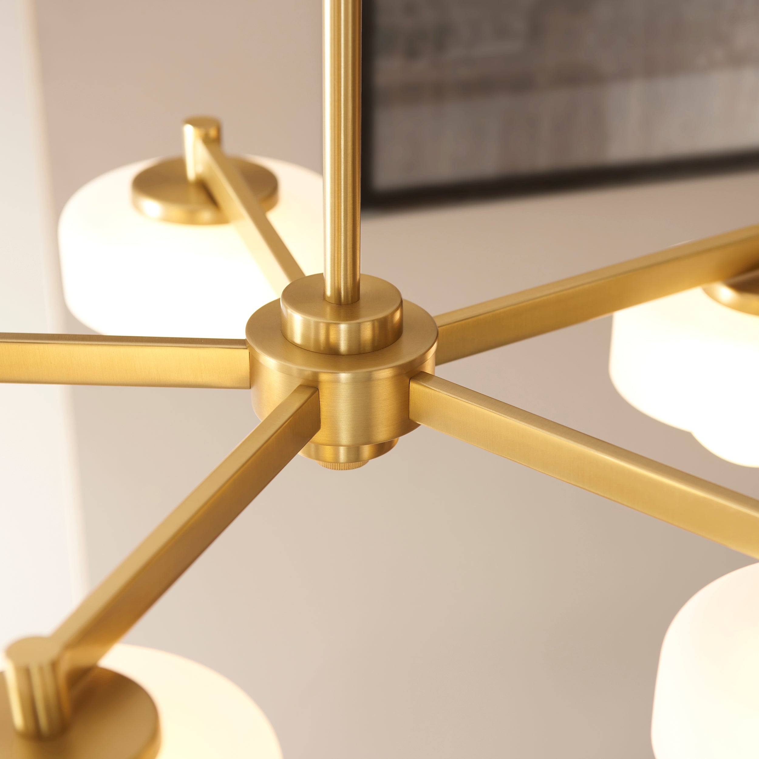 Boss 5 Light Brass Pendant With Opal Glass Shades