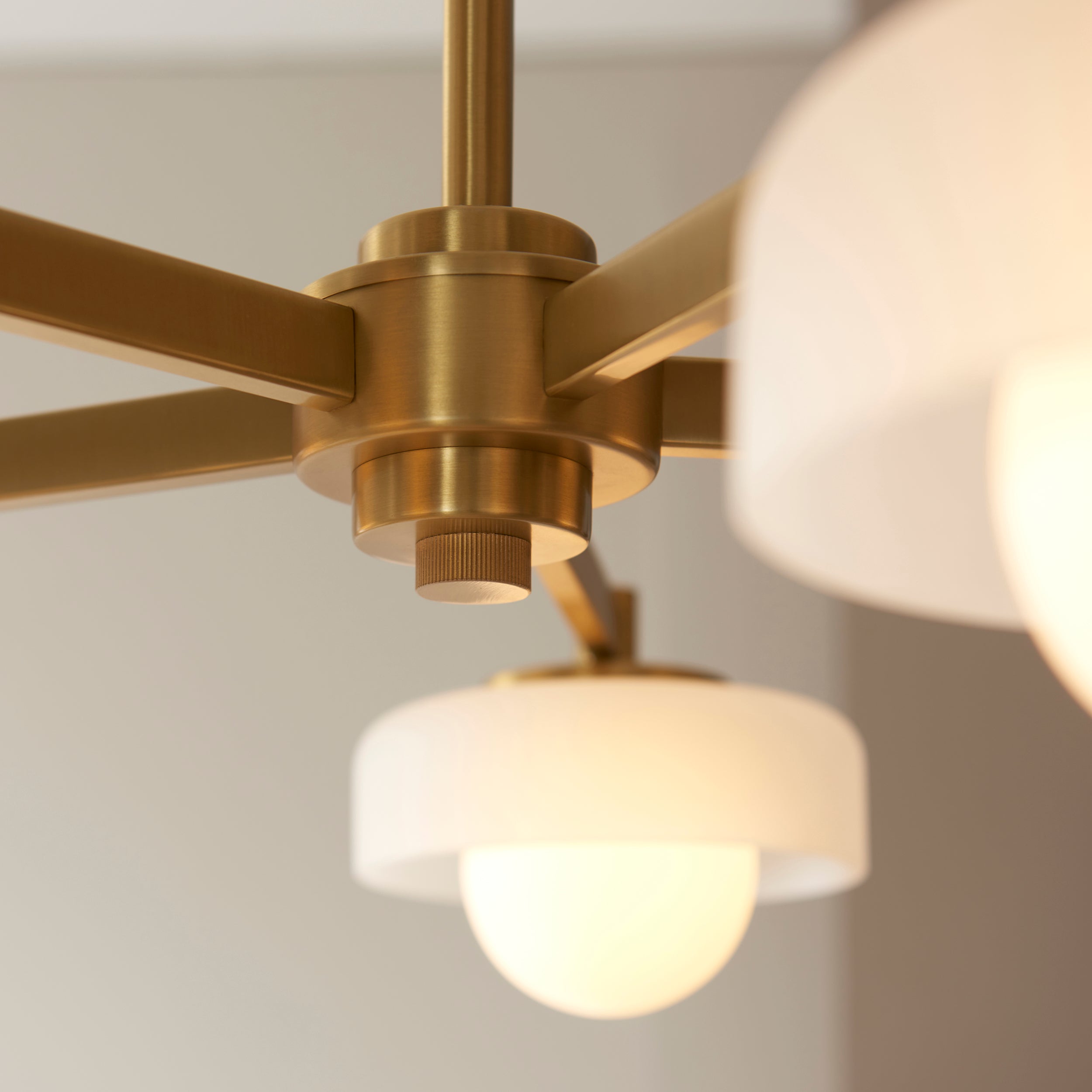 Boss 5 Light Brass Pendant With Opal Glass Shades