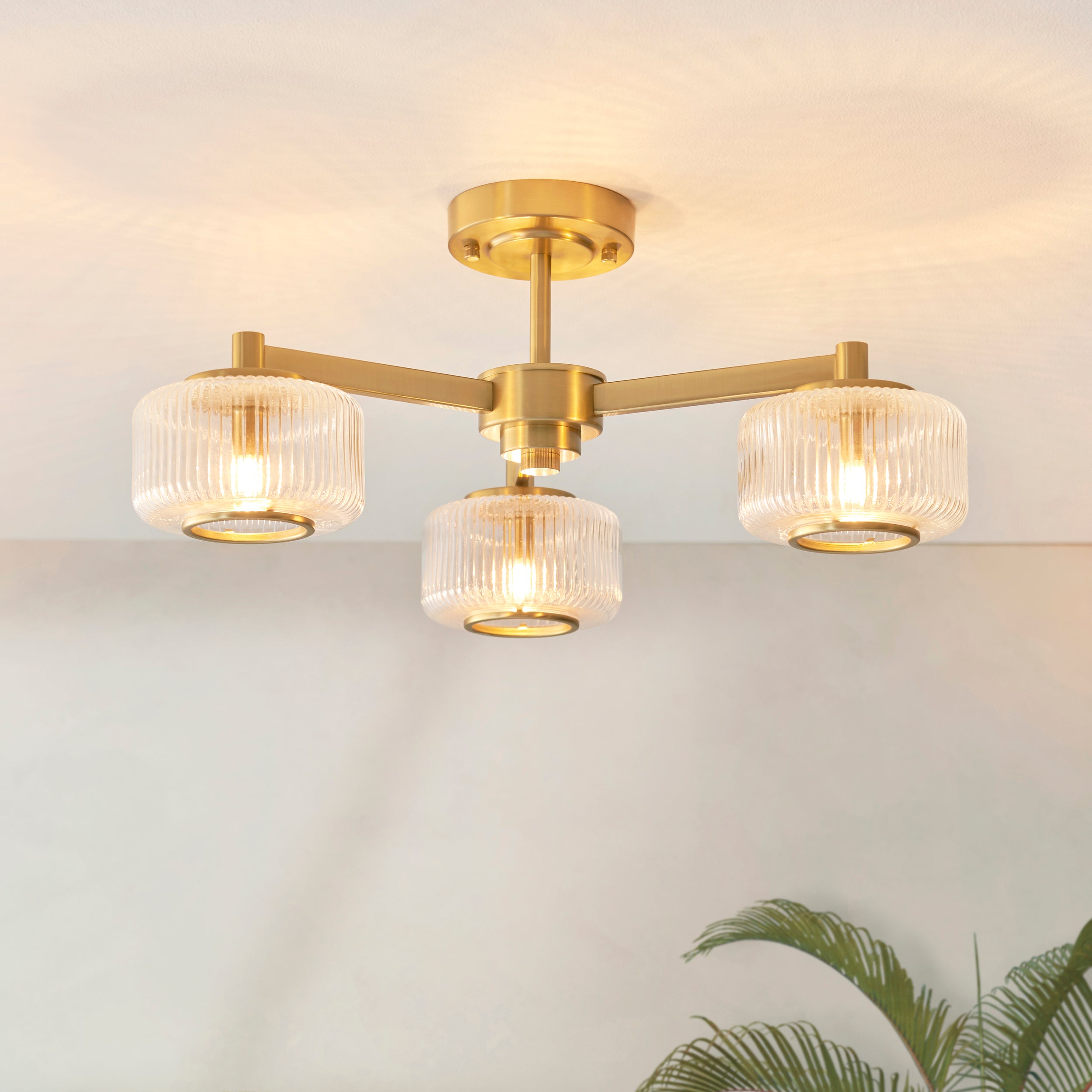 Stamford 3 Light Brass & Ribbed Glass Semi Flush