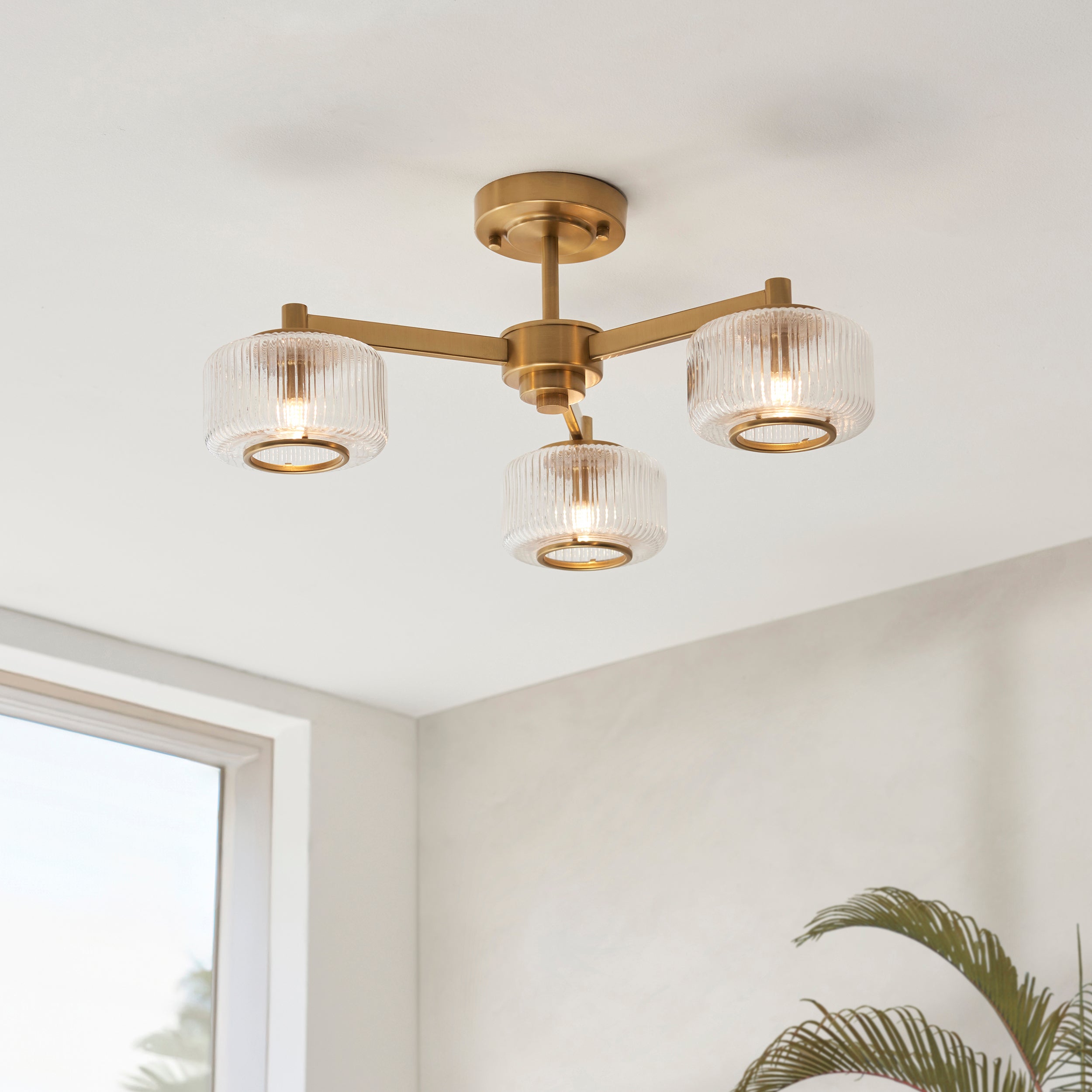 Stamford 3 Light Brass & Ribbed Glass Semi Flush