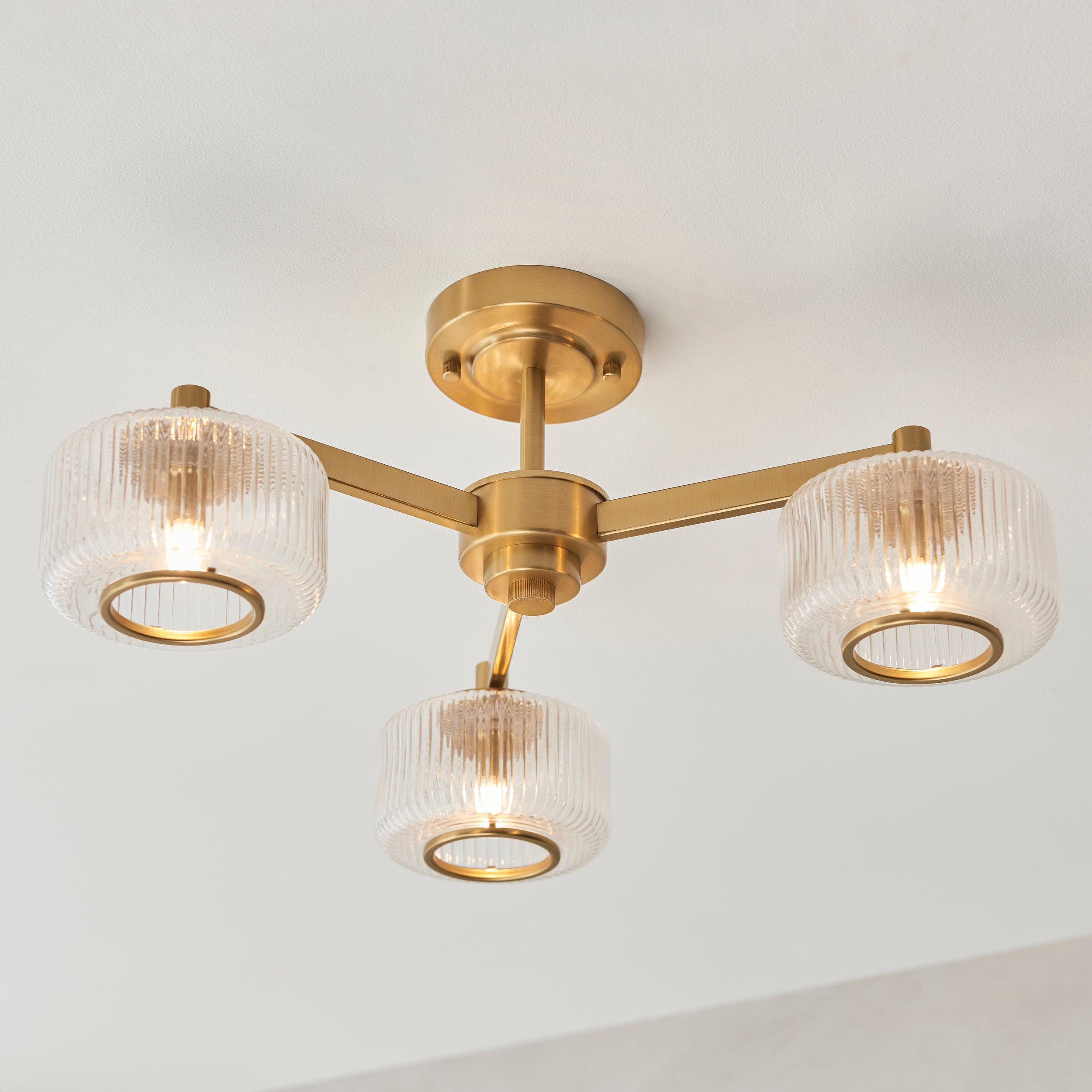 Stamford 3 Light Brass & Ribbed Glass Semi Flush