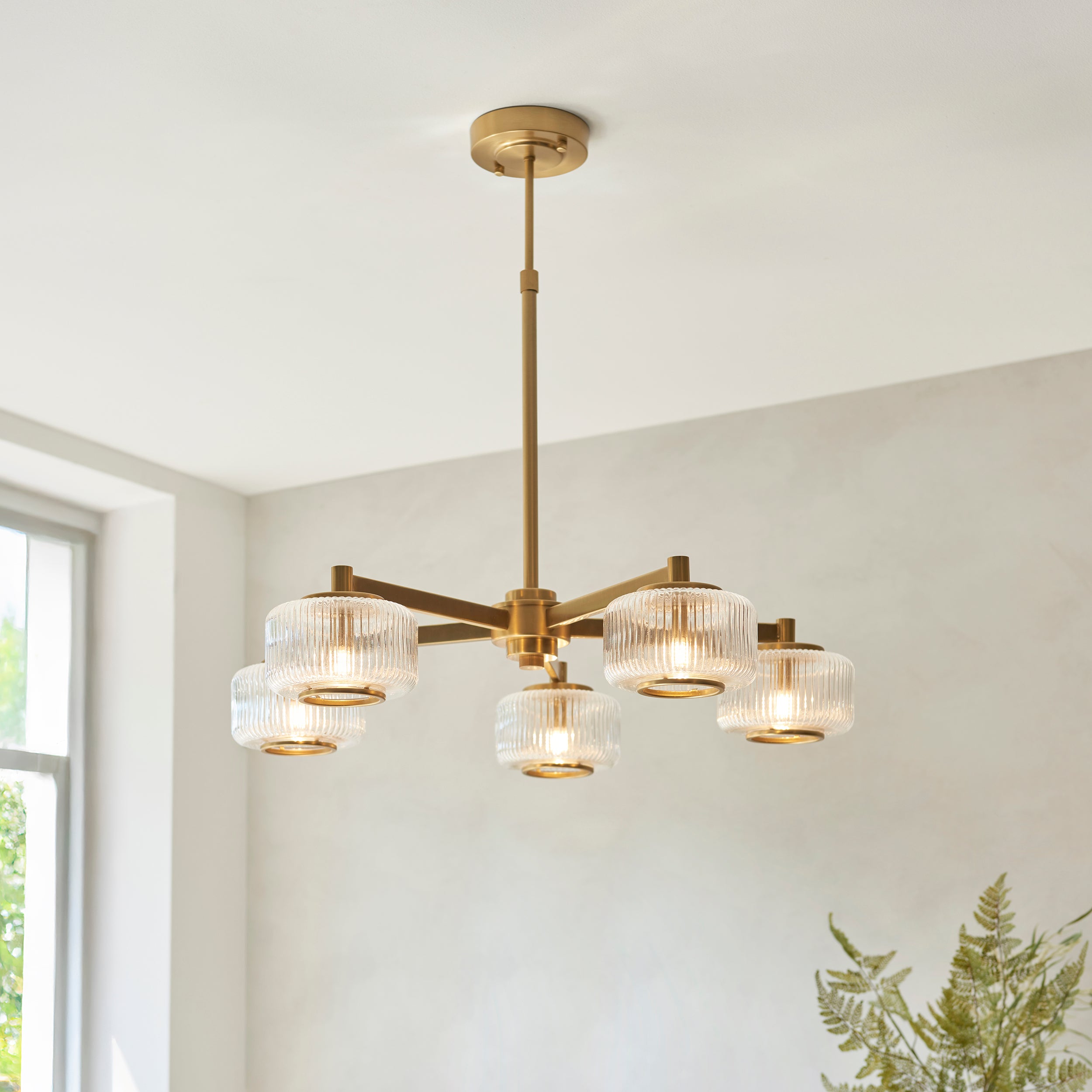 Stamford 5 Light Brass & Ribbed Glass Pendant
