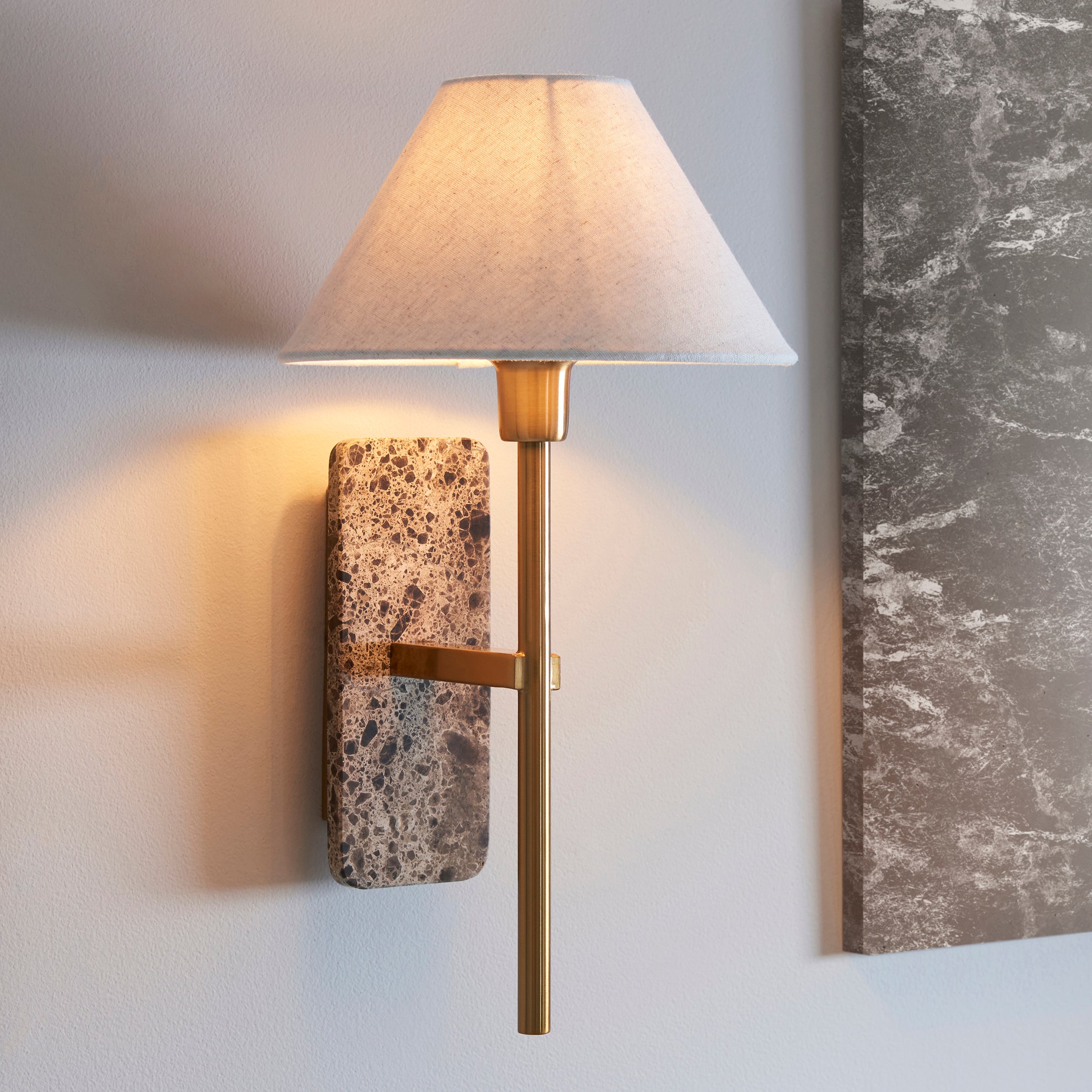 Faro Emperador Marble & Brass Wall Light - Faux Linen Shade